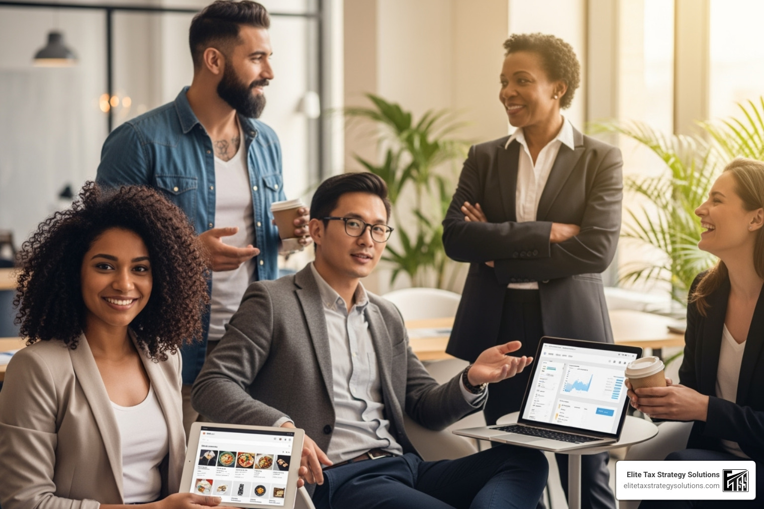 A diverse group of business owners, including an e-commerce seller, a SaaS founder, and an enterprise CFO, all looking relaxed and confident. - tax compliance platform A diverse group of business owners, including an e-commerce seller, a SaaS founder, and an enterprise CFO, all looking relaxed and confident. - tax compliance platform