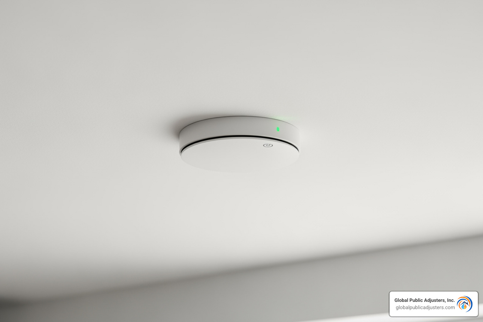 of a modern, clean smoke detector installed on a ceiling. - homeowners insurance after fire loss