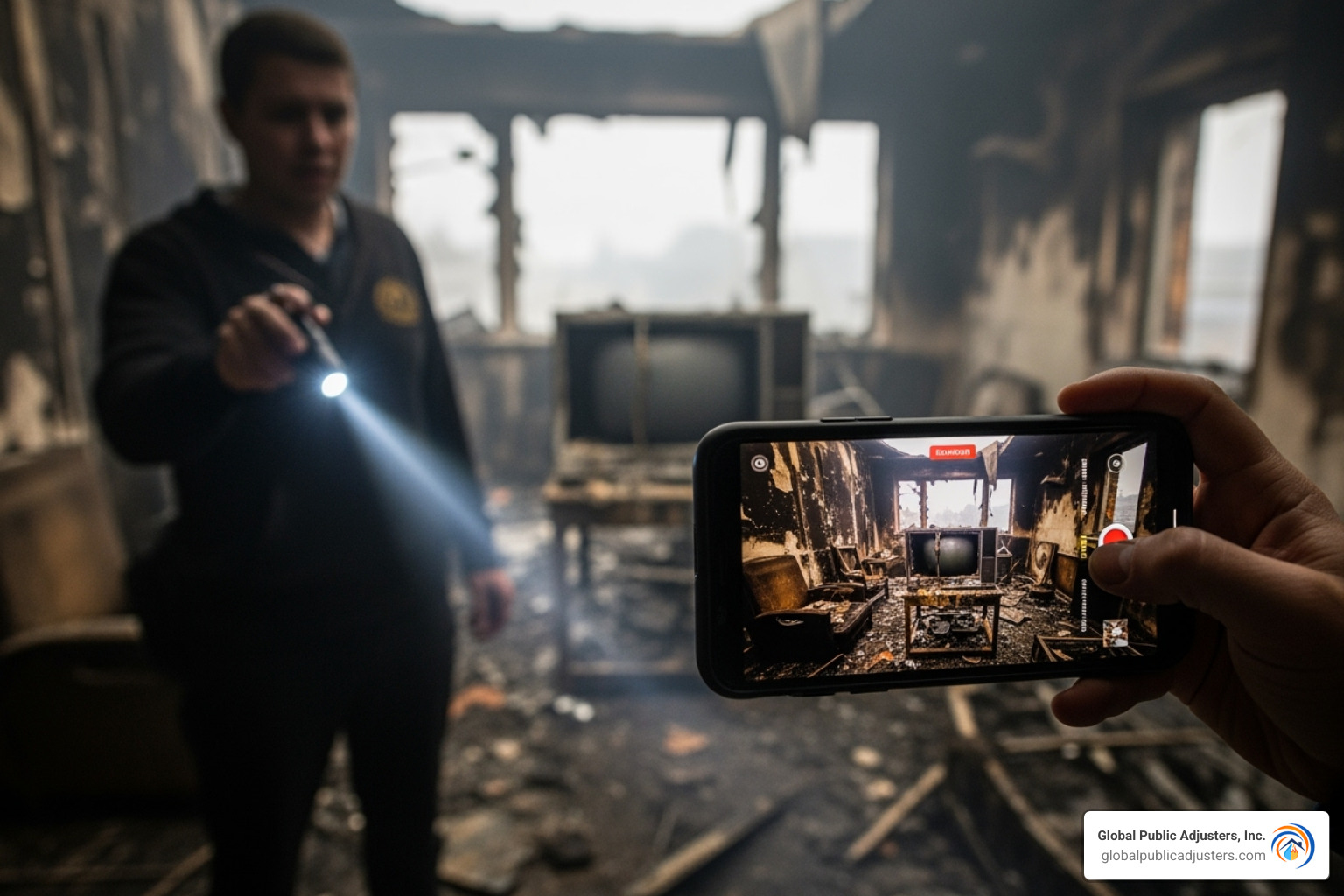 of a person using a smartphone to video-document damaged items in a room. - homeowners insurance after fire loss