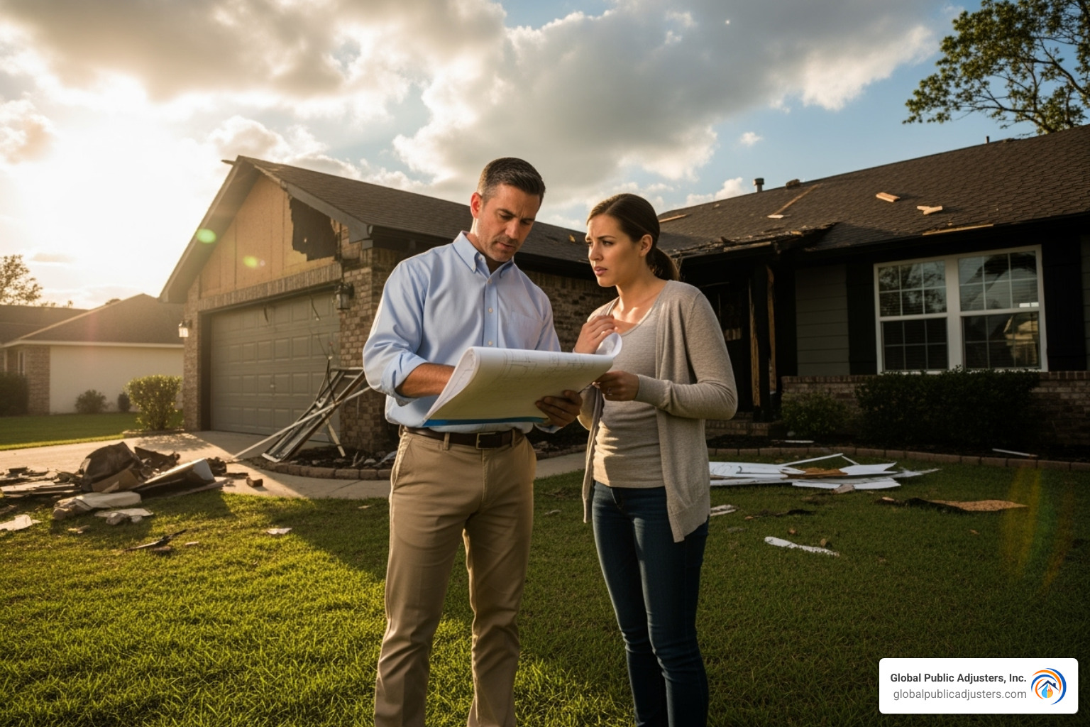 of a public adjuster reviewing blueprints with a homeowner in front of a damaged property. - homeowners insurance after fire loss