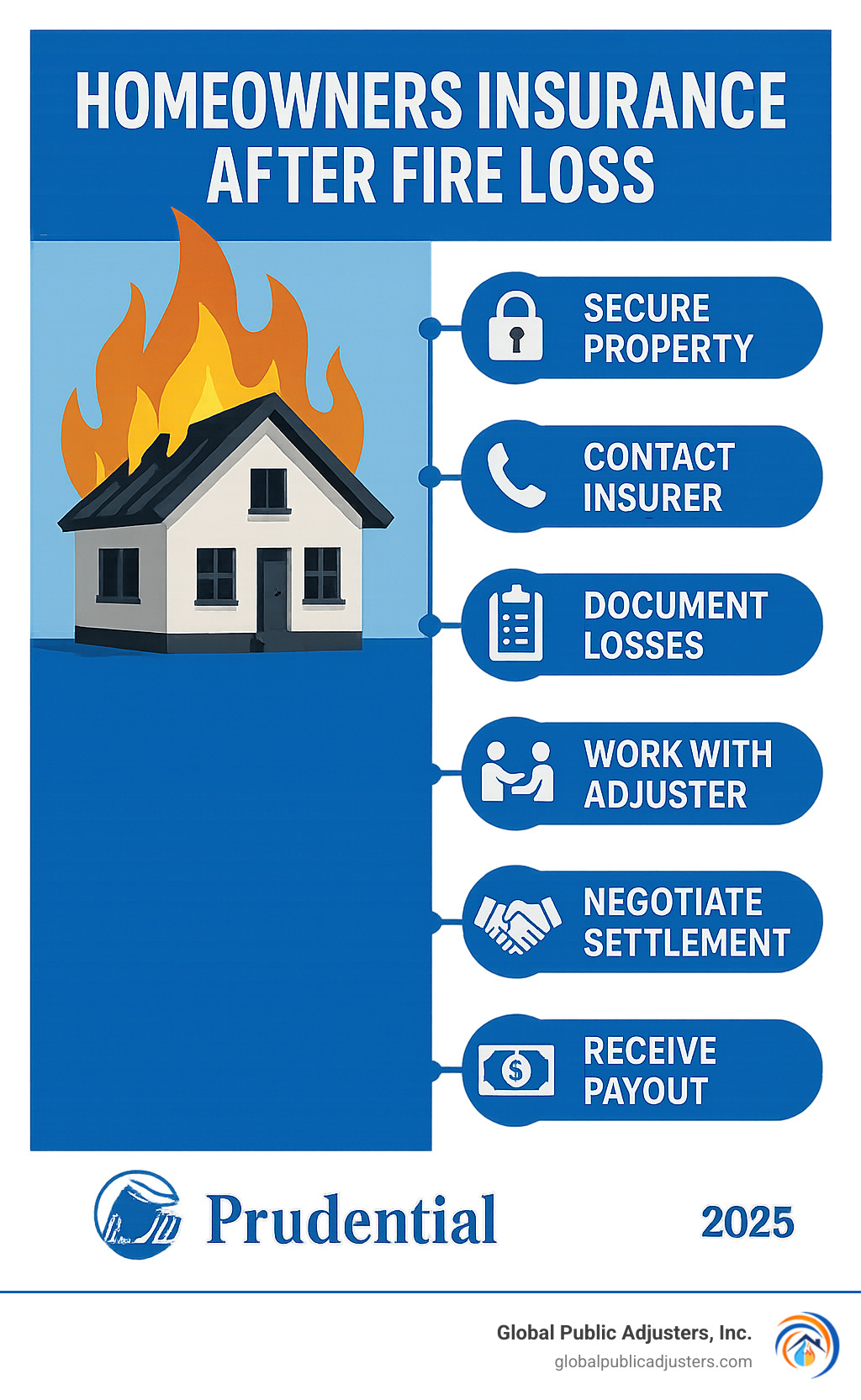 Infographic showing the fire insurance claims process from initial fire damage through final settlement, including key steps: secure property, contact insurer, document losses, work with adjuster, negotiate settlement, and receive payout with timeline indicators - homeowners insurance after fire loss infographic 