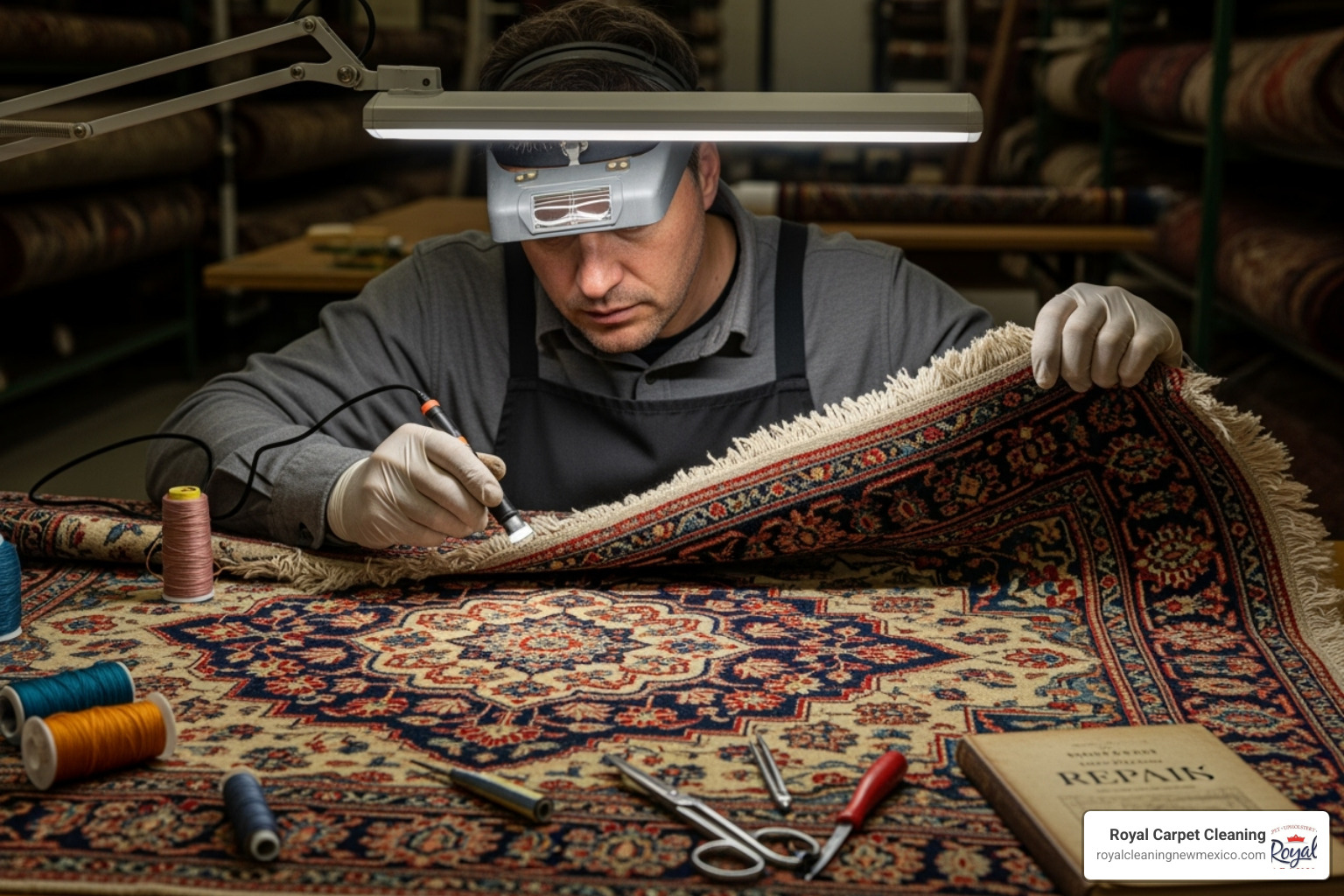 technician carefully inspecting a Persian rug - albuquerque area rug cleaning