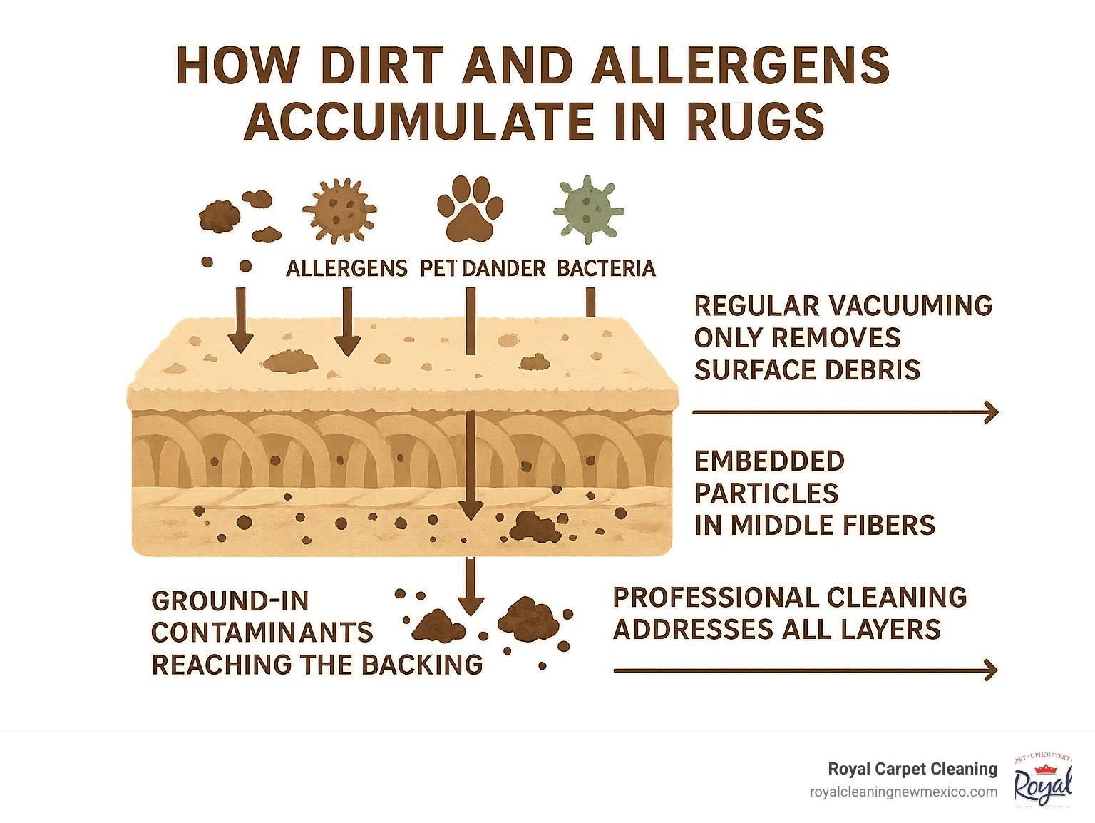 Infographic showing how dirt, allergens, pet dander, and bacteria penetrate deep into rug fibers through multiple layers - surface dirt on top, embedded particles in middle fibers, and ground-in contaminants reaching the backing, with arrows indicating how regular vacuuming only removes surface debris while professional cleaning addresses all layers - albuquerque area rug cleaning infographic 