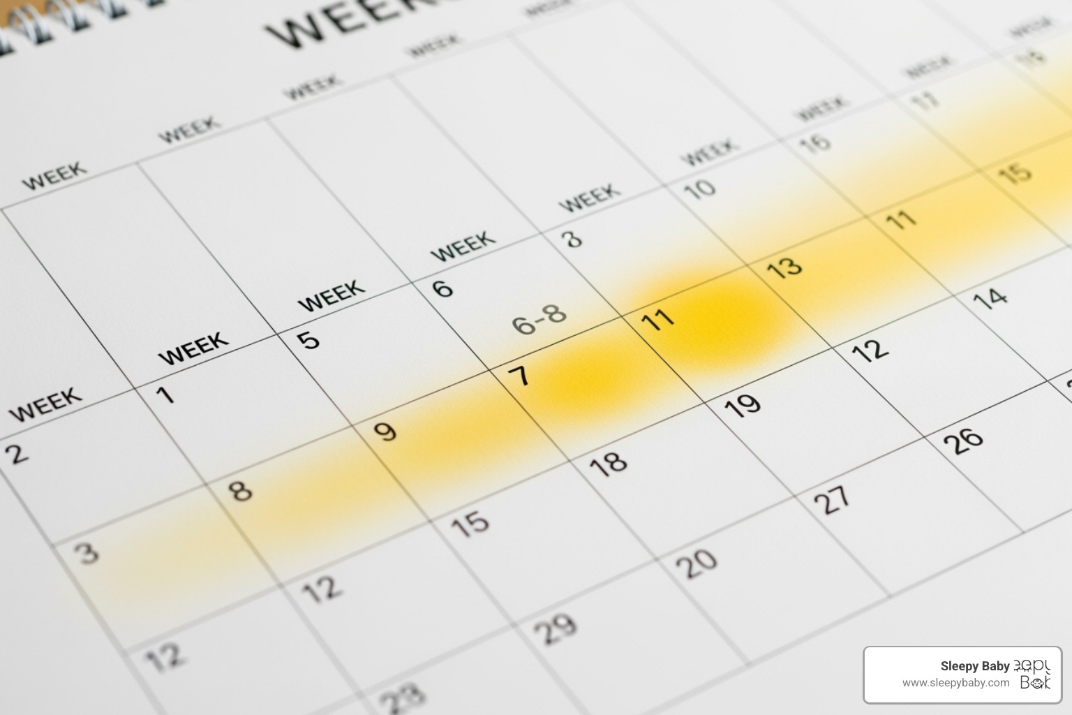 a calendar with weeks 2 through 16 highlighted to show the colic phase - when does colic pain go away