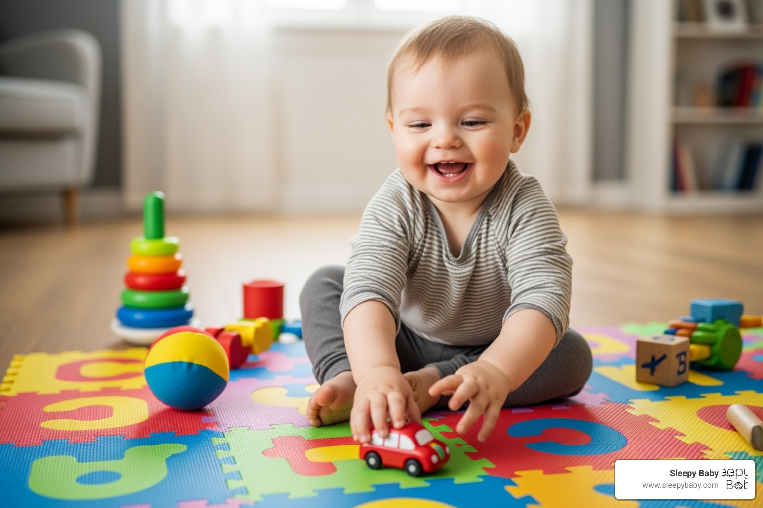 a happy, older baby playing on a playmat - when does colic pain go away