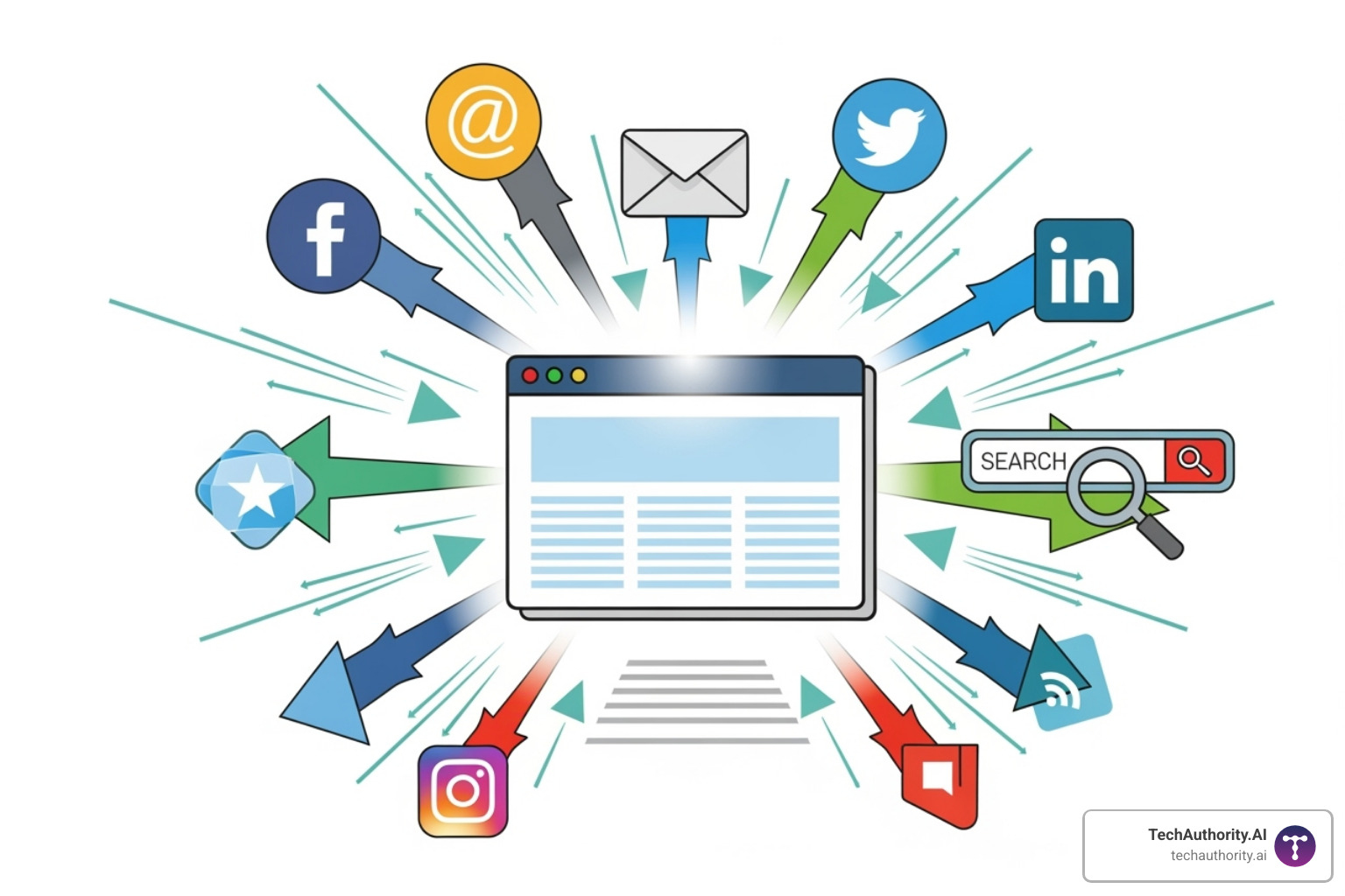 Illustration of social, search, and email traffic streams converging on a landing page Illustration of social, search, and email traffic streams converging on a landing page
