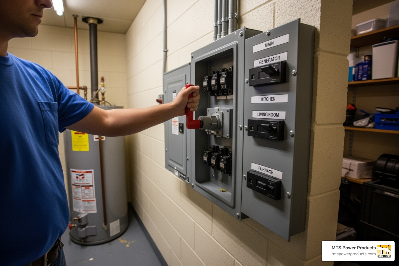 Image of a person safely operating a manual transfer switch - home power transfer switch