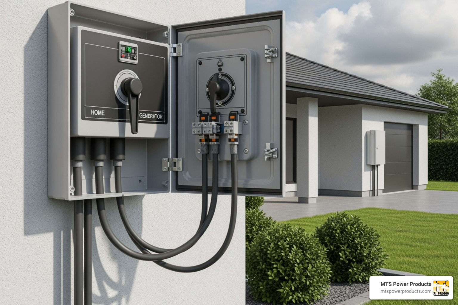 Image of a generator's outlet panel showing amperage - home power transfer switch