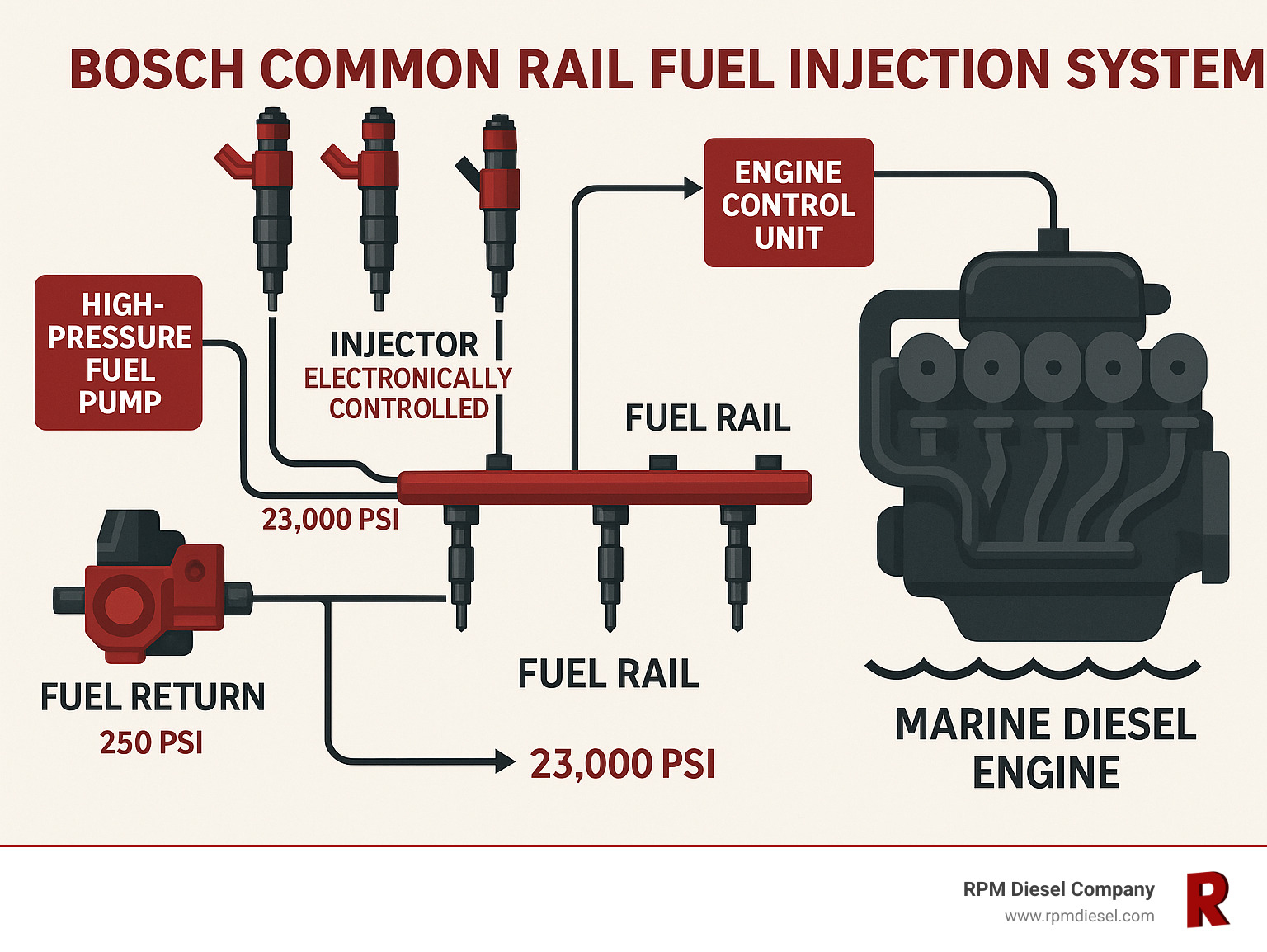 Infographic showing the components and operation of a Bosch common rail fuel injection system in a marine diesel engine, including high-pressure fuel pump, fuel rail, electronically controlled injectors, engine control unit, and fuel return system with pressure ratings and operational flow - bosch diesel specialist infographic 