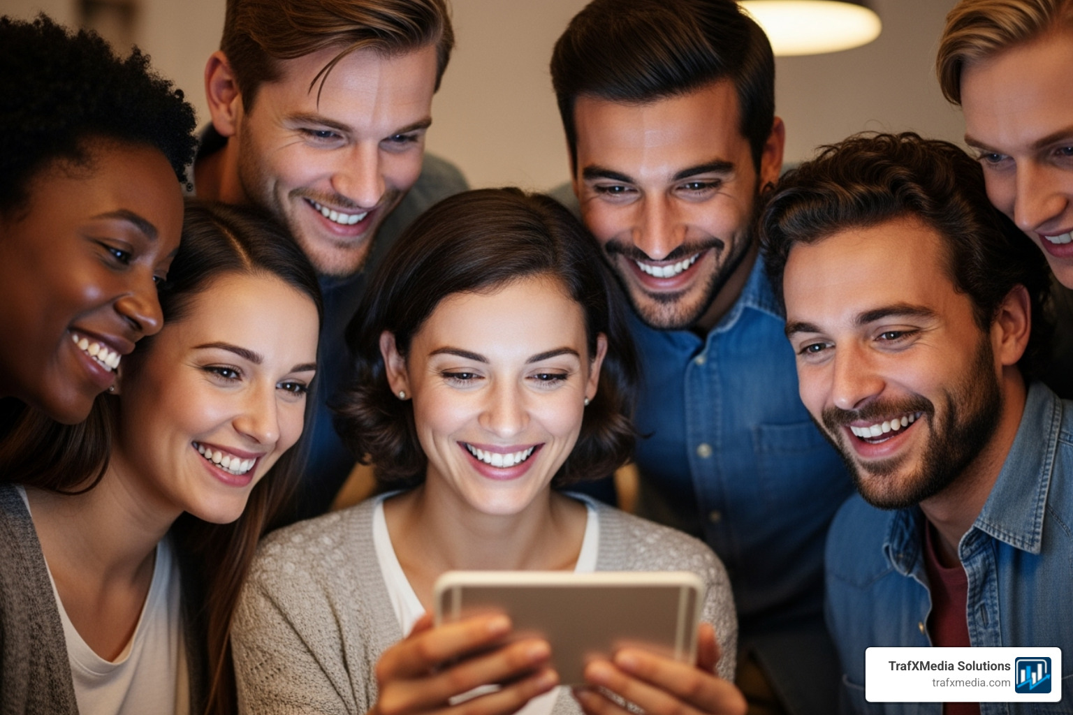 A diverse group of smiling customers, including several white individuals, looking at a phone together, implying a shared positive review. - reputation management for businesses
