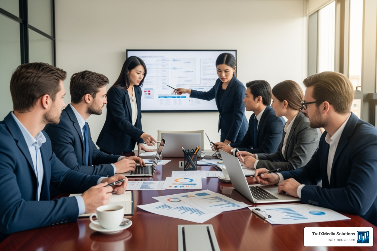 A team of serious-looking business professionals, including Caucasian men and women, around a conference table planning a strategy. - reputation management for businesses