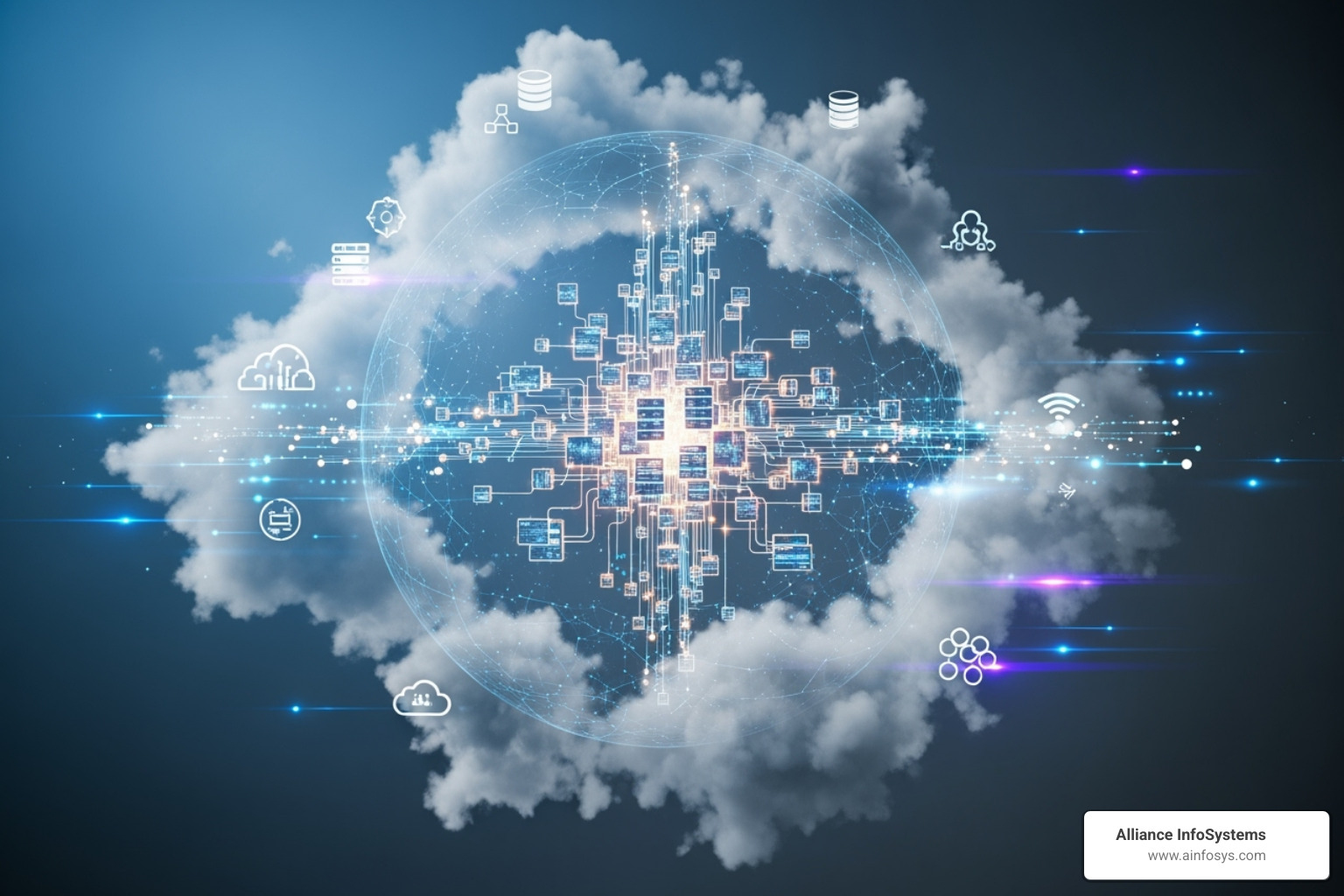 Illustration showing a multi-step process of migrating data and applications from on-premise servers to a cloud environment, with arrows indicating data flow and change - cloud virtualization services