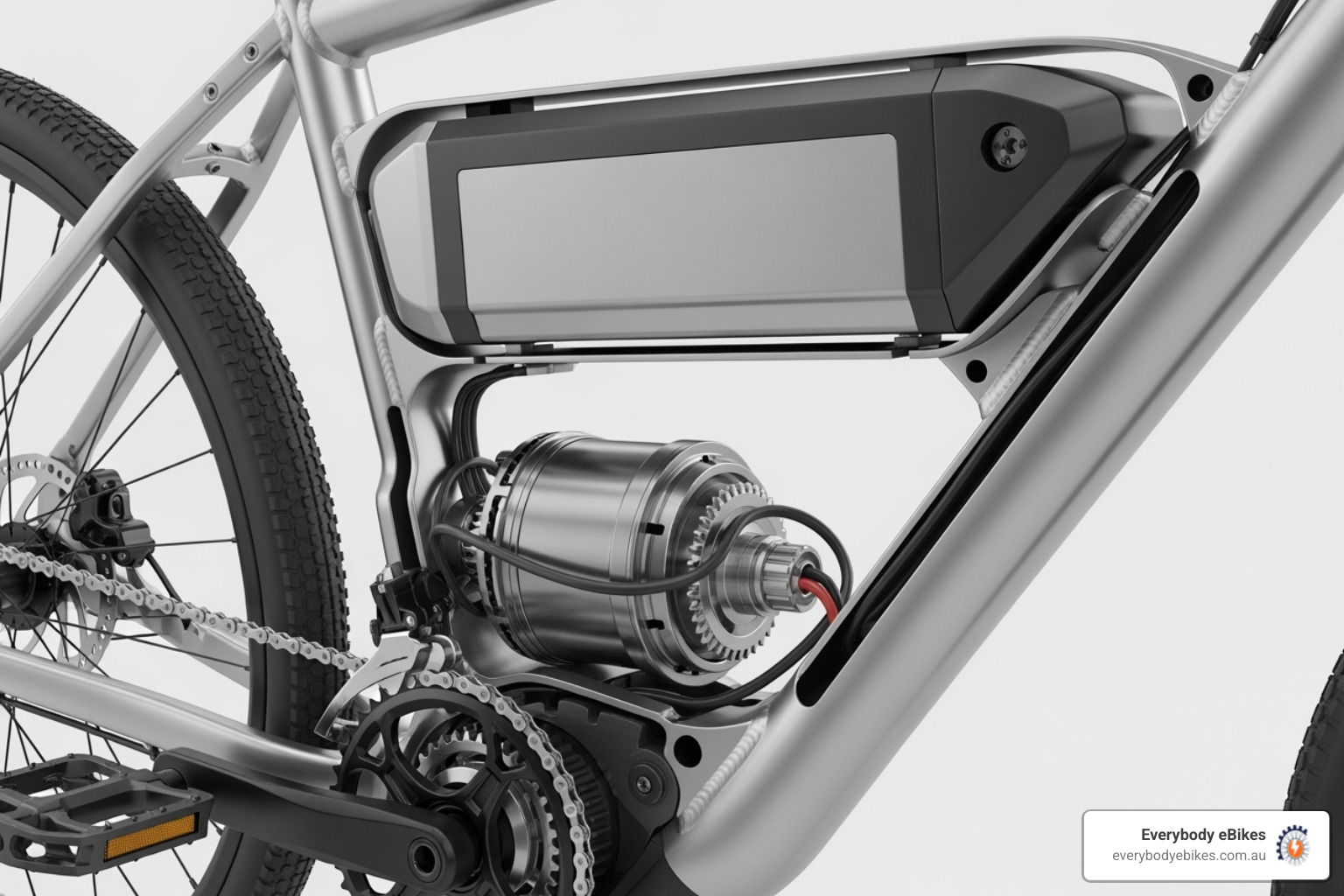 cutaway view of an e-bike showing the mid-drive motor and integrated battery - Ebike buying guide?