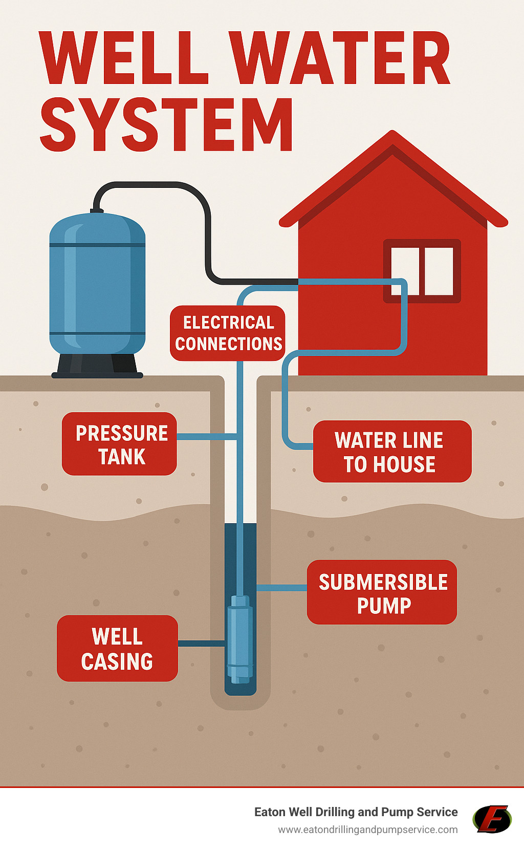 Comprehensive infographic showing the essential components of a home well water system including underground well casing, submersible pump, pressure tank, electrical connections, and water lines leading to house with labels for each major component - well service near me infographic 