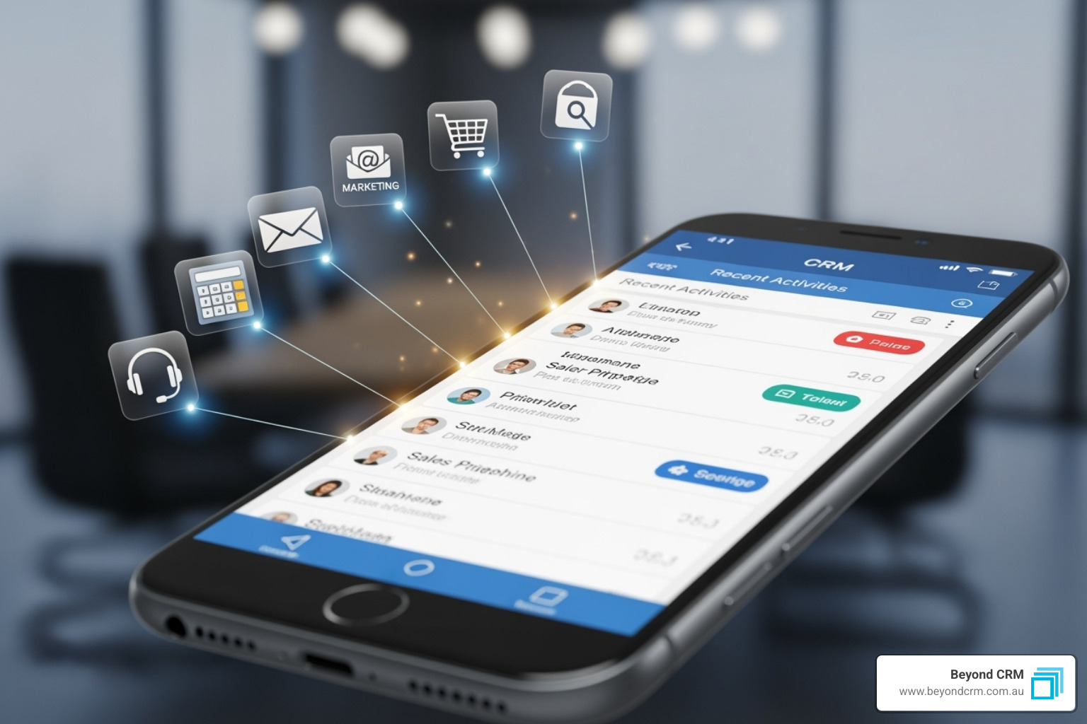 A smartphone displaying a CRM app, with various icons of other business applications floating around it, illustrating seamless integration - CRM for online businesses A smartphone displaying a CRM app, with various icons of other business applications floating around it, illustrating seamless integration - CRM for online businesses