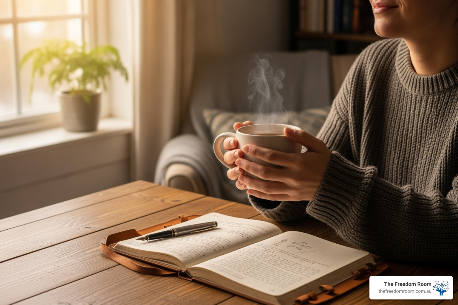 Image of a person journaling peacefully with a cup of tea - take care of yourself