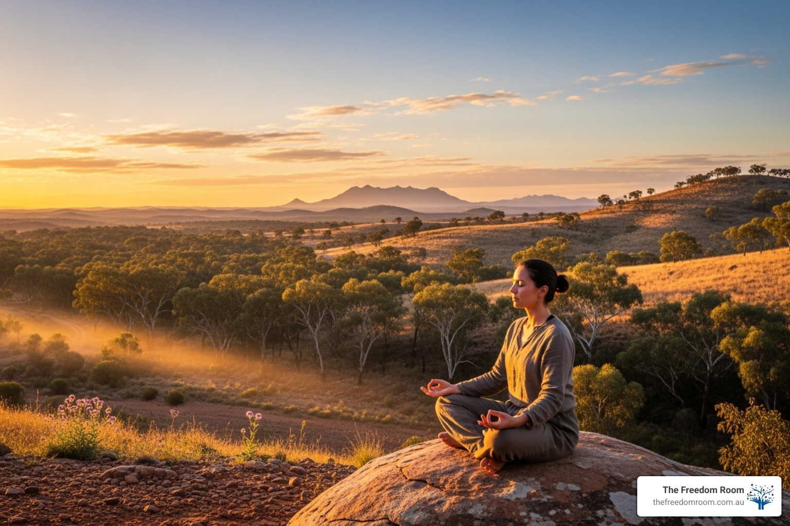 Person meditating outdoors in a serene Australian landscape - alcohol recovery self help