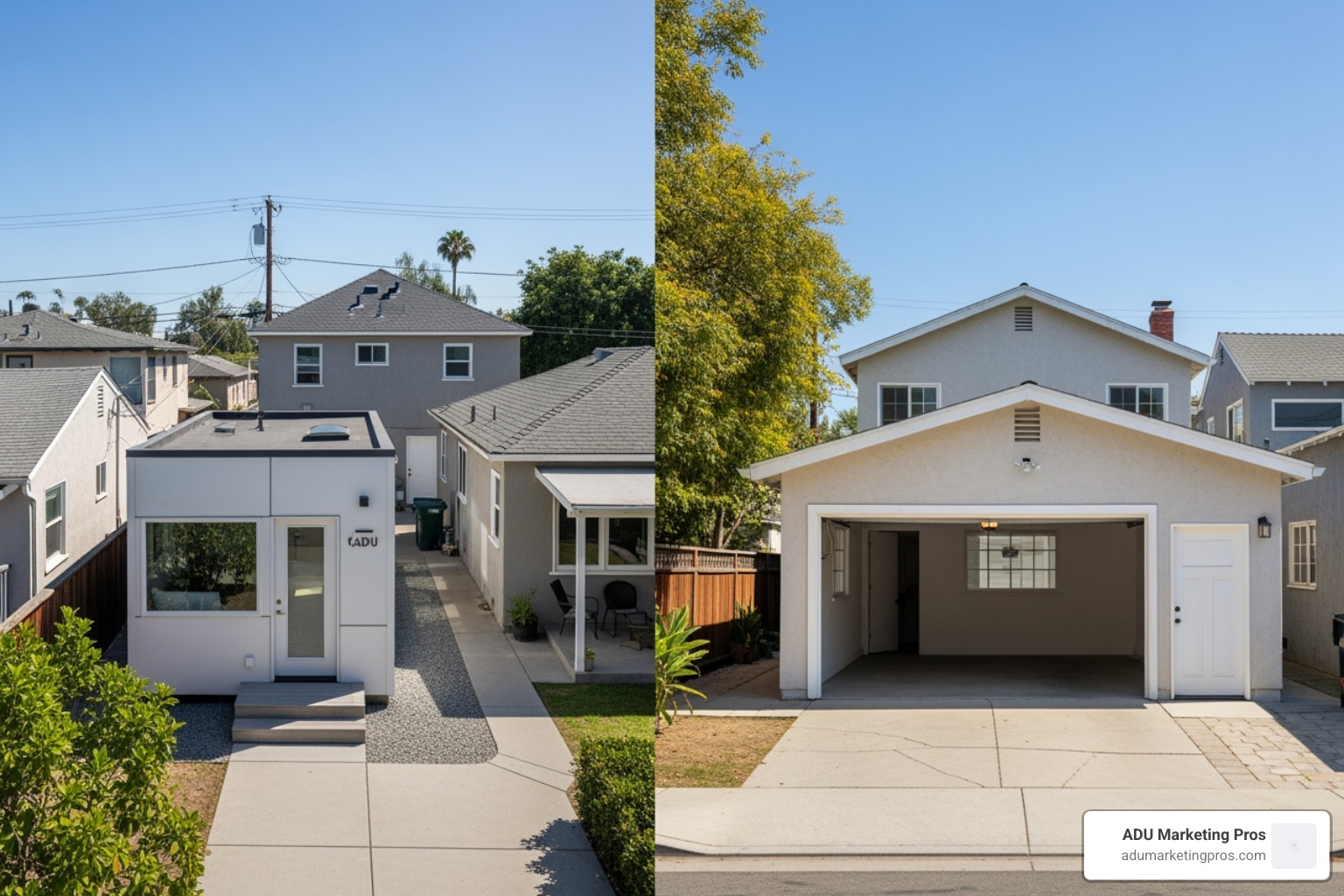 Side-by-side comparison of a detached ADU and a garage conversion on a typical LA property - adu floor plans los angeles