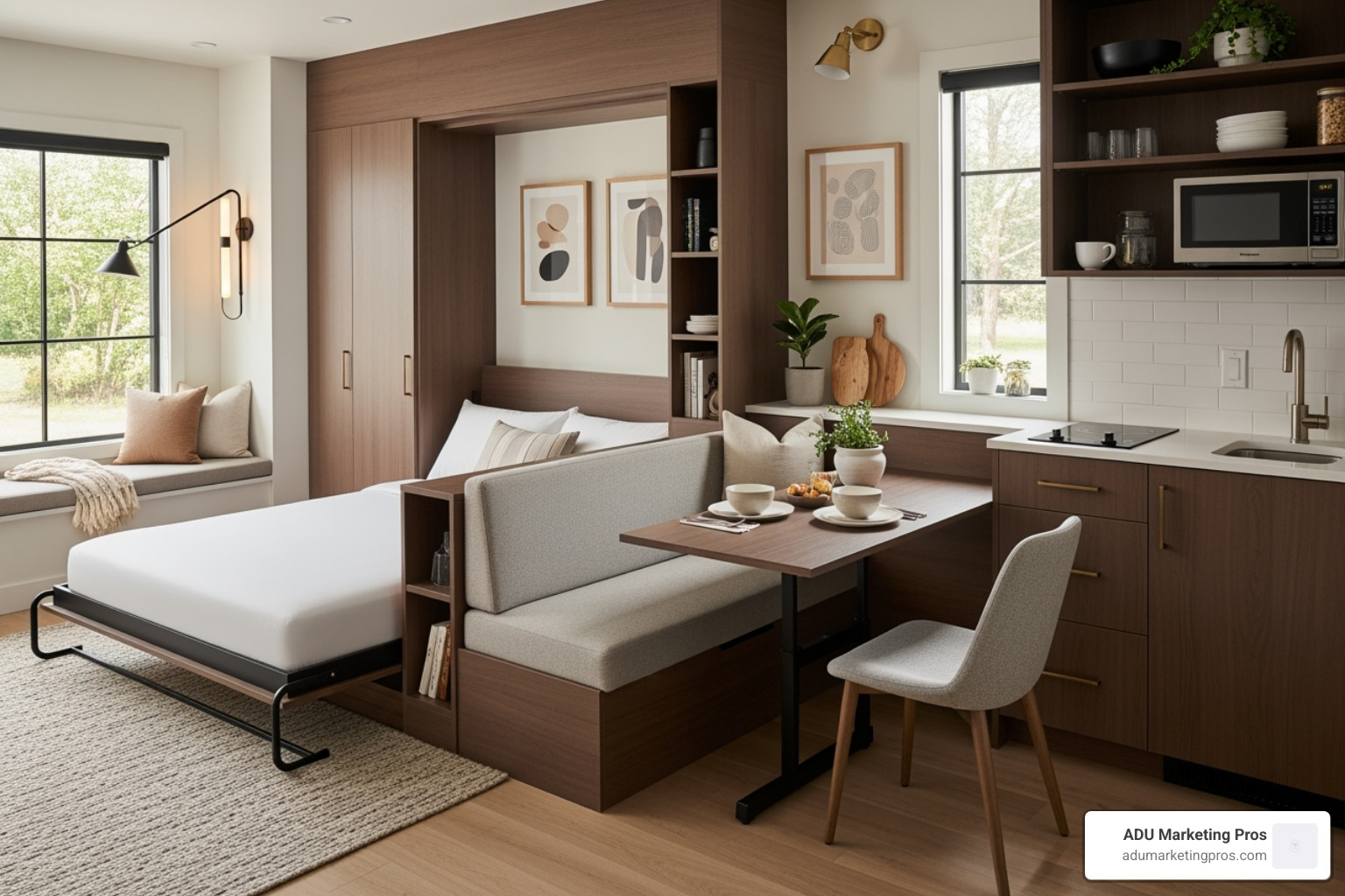 Chic and functional studio ADU interior with clever space-saving furniture - adu floor plans los angeles