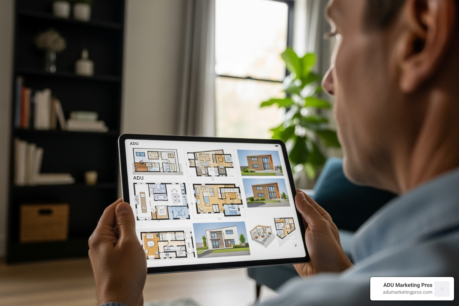Homeowner looking at different ADU blueprint designs on a tablet - adu floor plans los angeles
