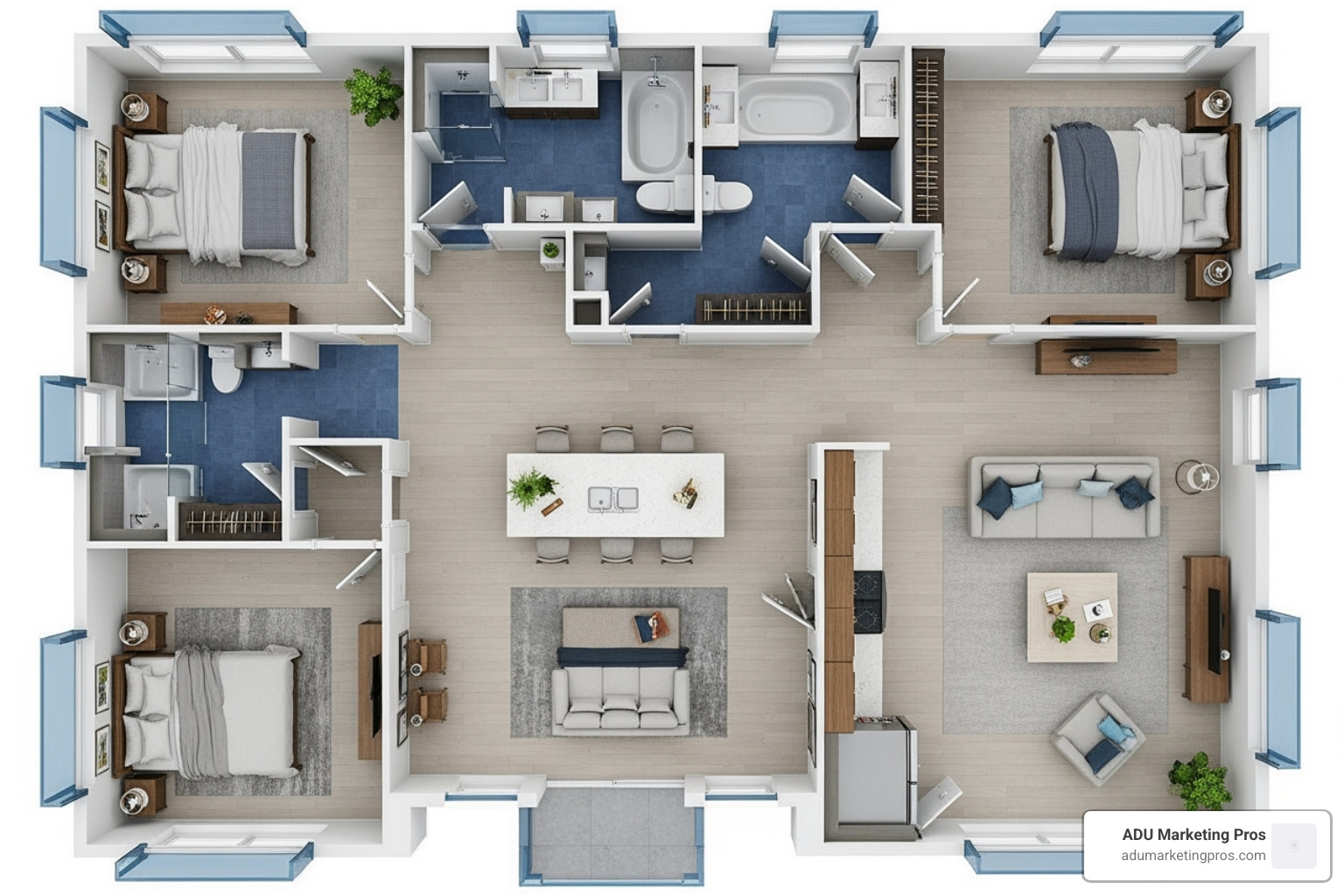 Luxurious 1200 sq ft ADU floor plan rendering - adu floor plans los angeles