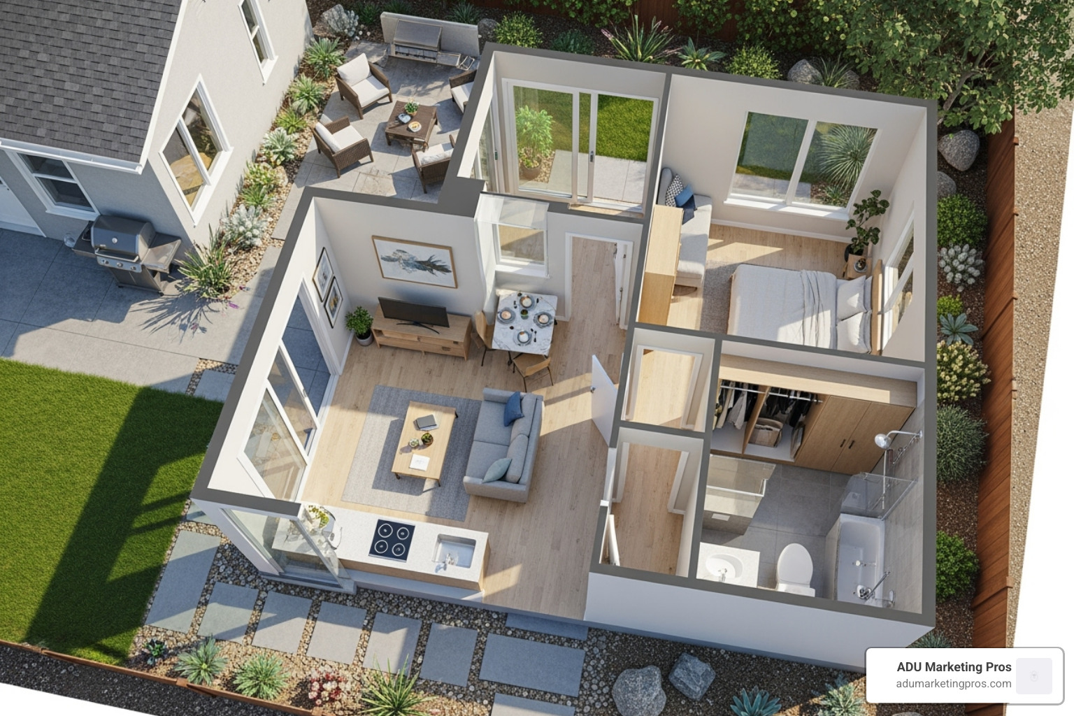 Blueprint being reviewed with an official city-stamped approval mark - adu floor plans los angeles