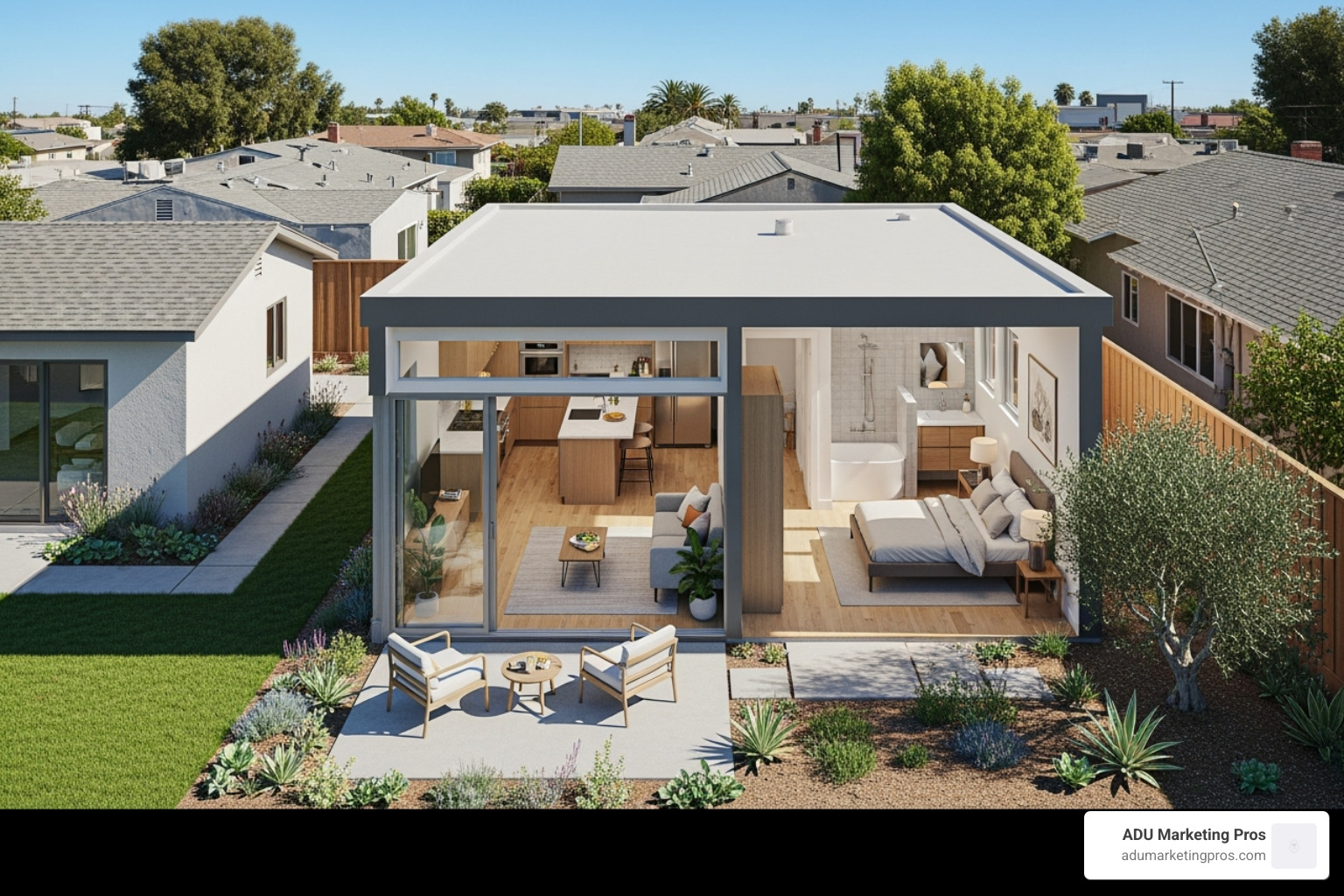 Well-designed one-bedroom ADU floor plan layout, showing clear separation of living and sleeping areas - adu floor plans los angeles