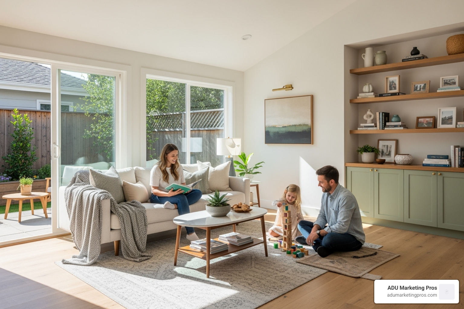 Spacious two-bedroom ADU with a small family enjoying the living area - adu floor plans los angeles