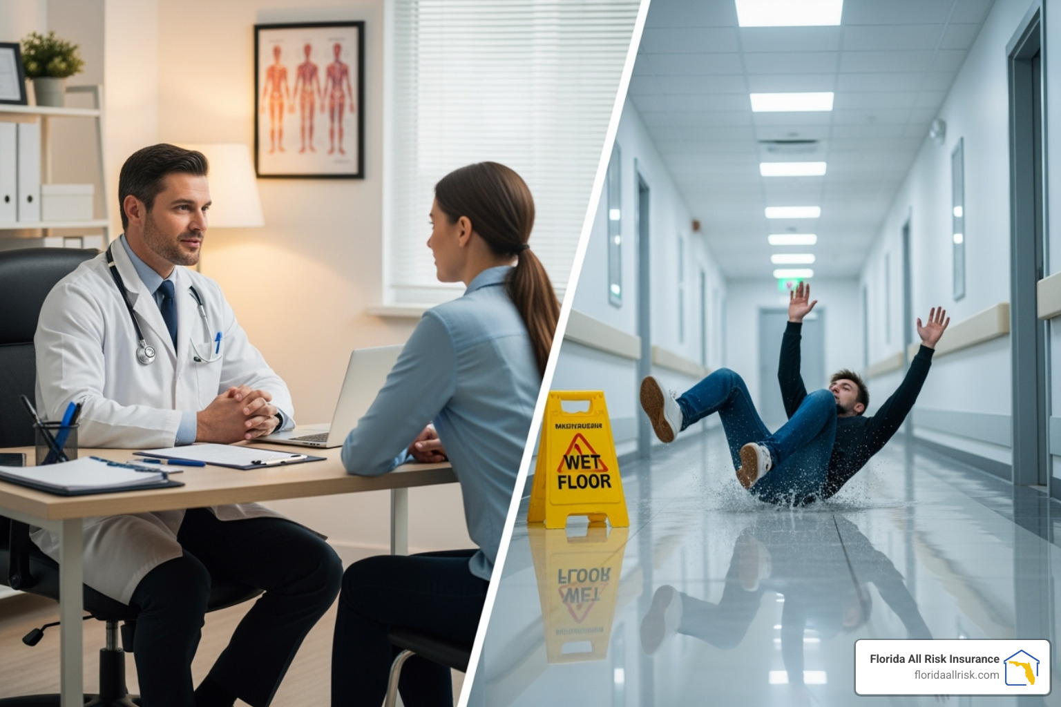 Image of a split screen, one side showing a doctor consulting with a patient (malpractice), the other side showing a person slipping on a wet floor in a hallway (general liability). - general liability insurance for healthcare providers