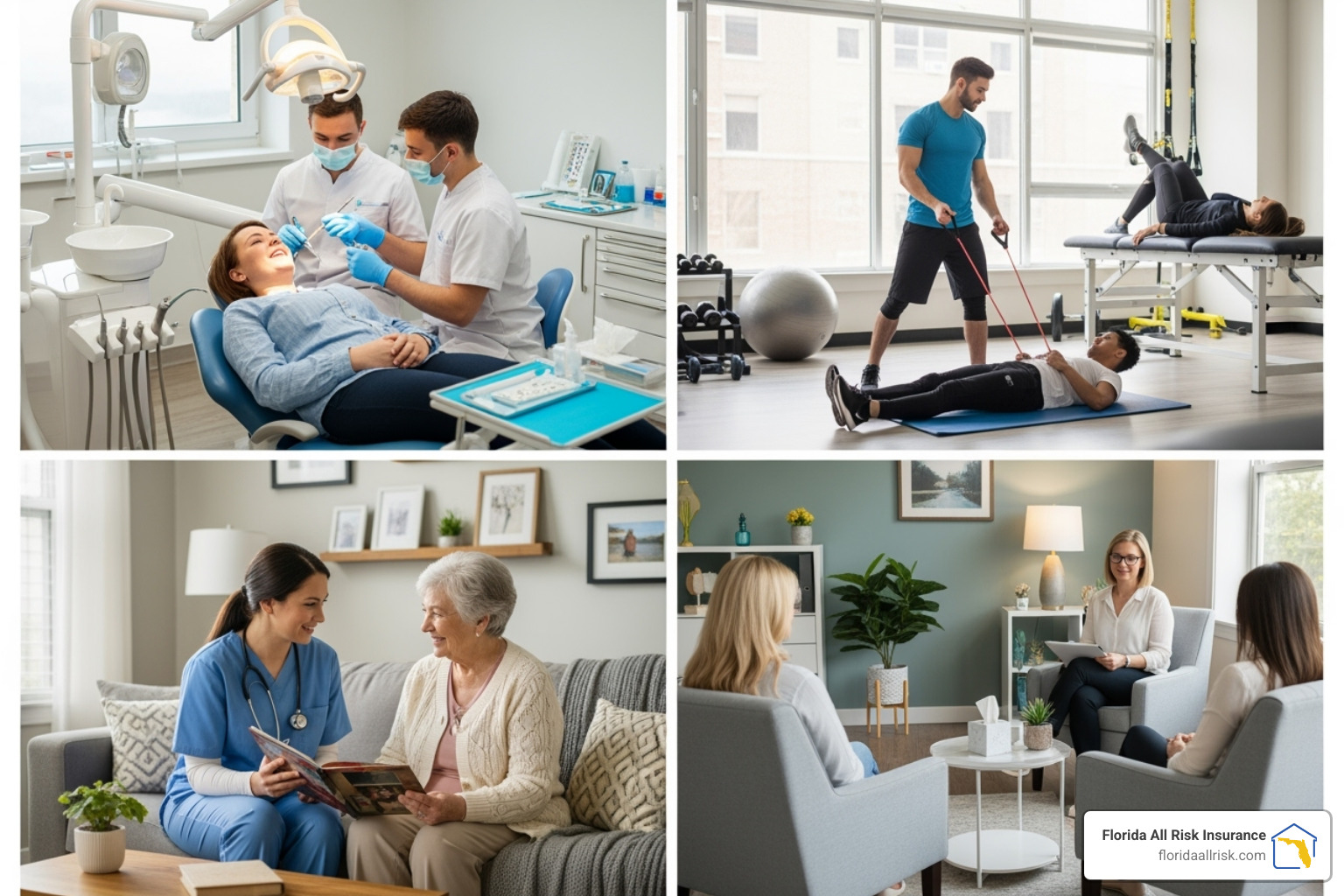 Image collage featuring diverse healthcare settings: a dental office, a physical therapy clinic, a home health aide with a client, and a counseling office. - general liability insurance for healthcare providers