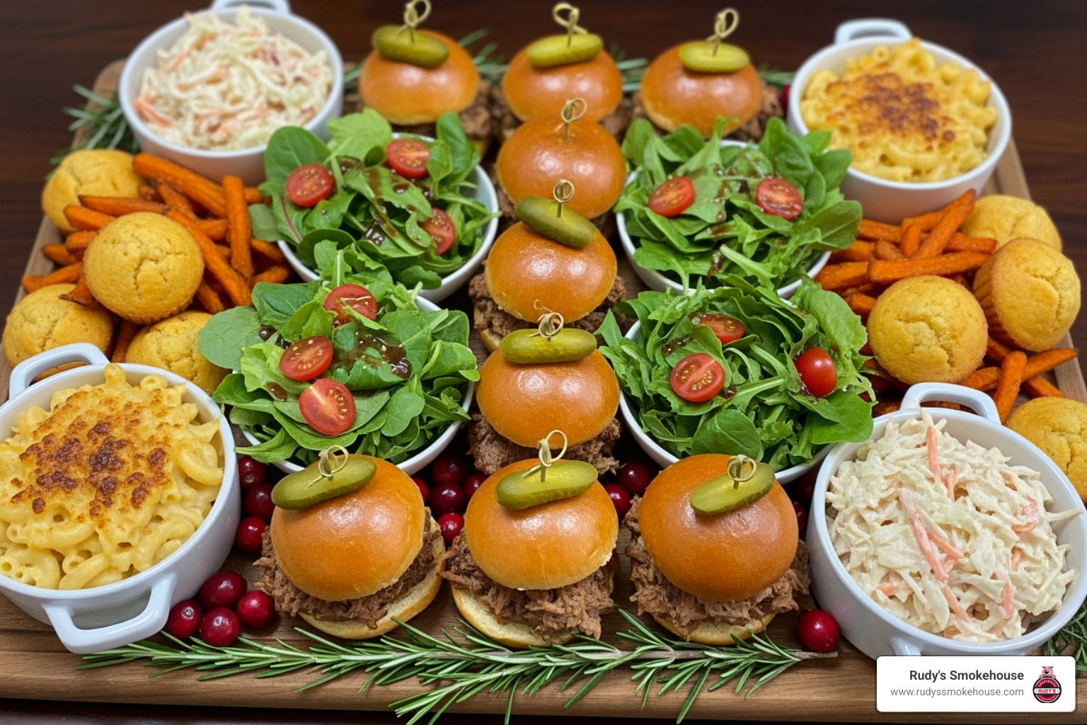 A vibrant catering platter with options like pulled pork sliders, fresh salads, and sides to show variety. - holiday catering