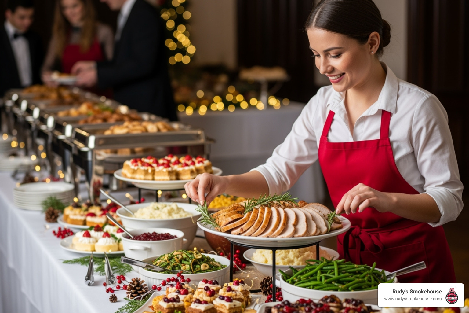 A friendly catering staff member setting up a buffet line, ensuring everything looks perfect.