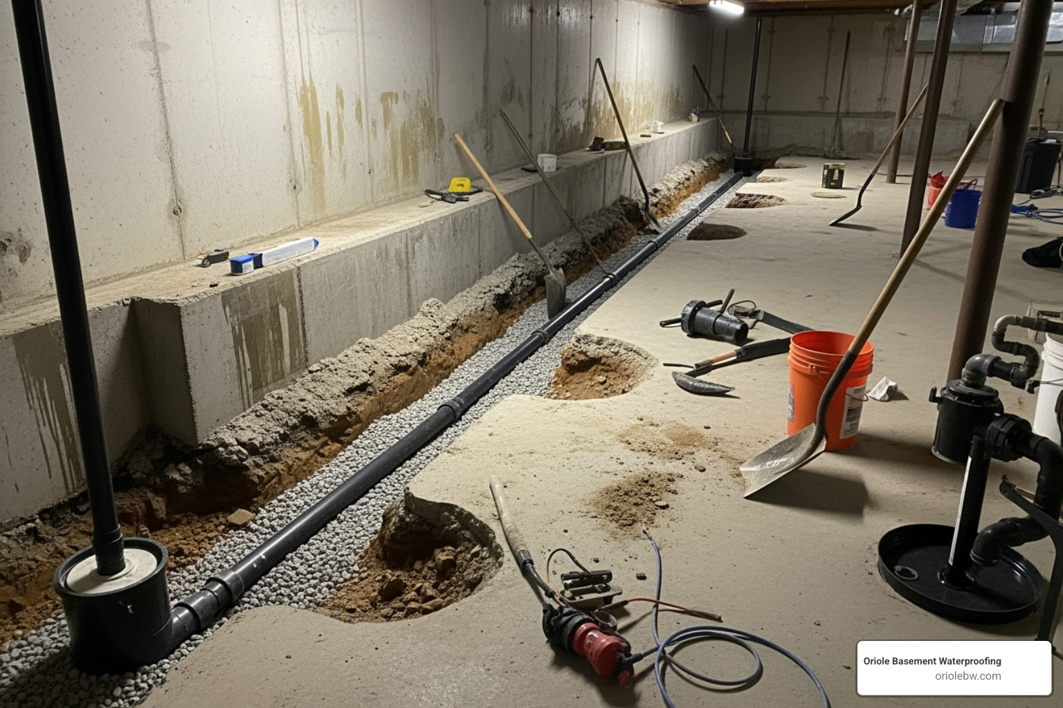 professional installing an interior drainage system - basement wall moisture protection