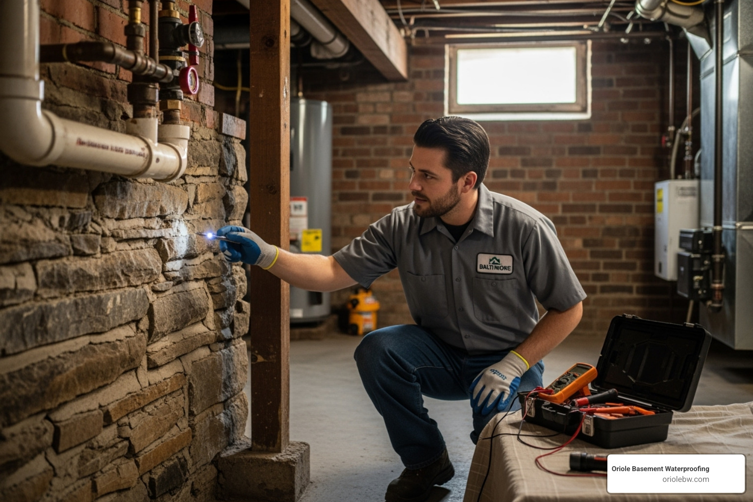 friendly technician inspecting a basement in a Baltimore rowhome - basement wall moisture protection