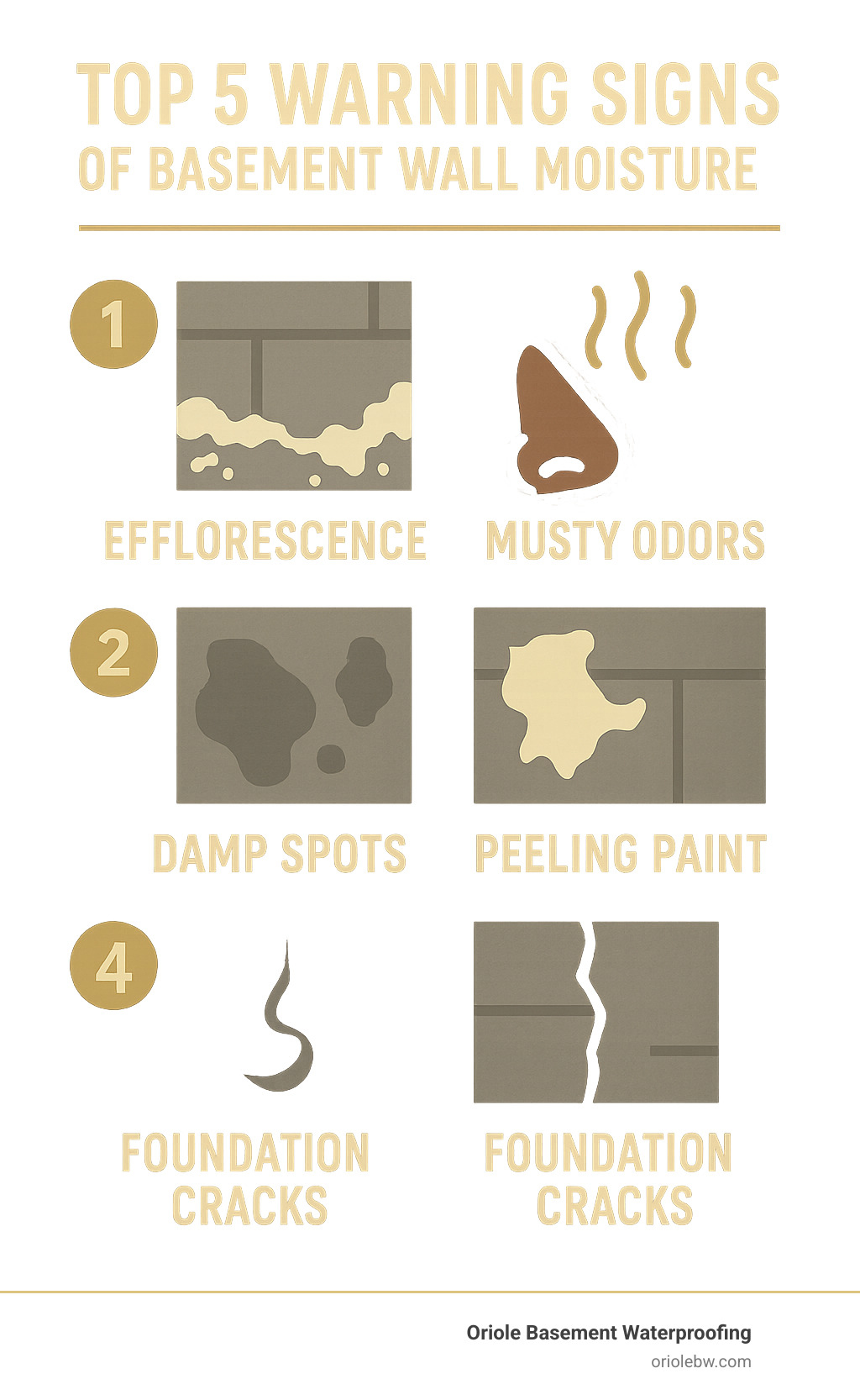 Infographic showing the top 5 warning signs of basement wall moisture: efflorescence (white chalky deposits), musty odors, visible damp spots, peeling paint, and foundation cracks, with simple illustrations for each sign - basement wall moisture protection infographic 