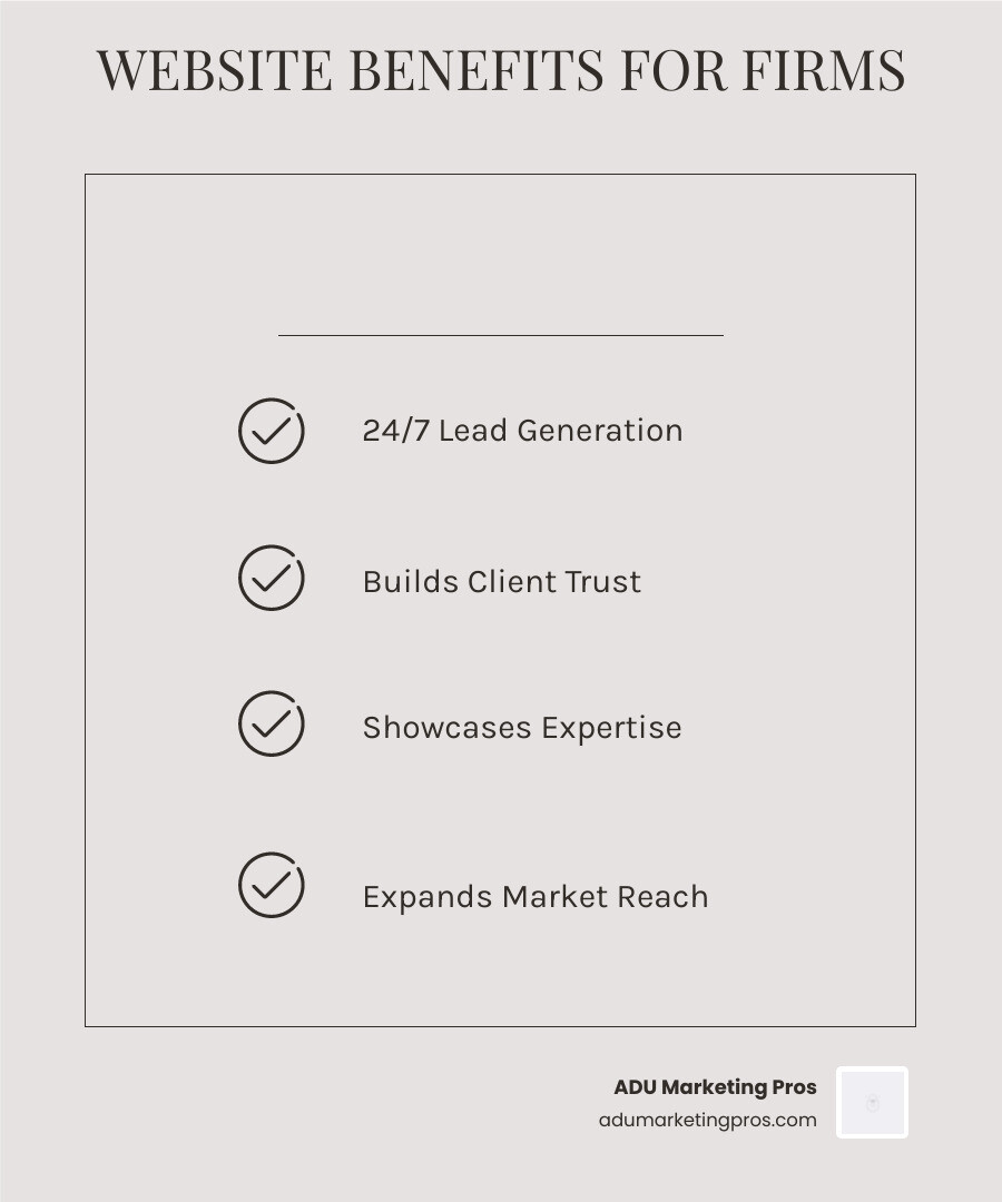 Infographic explaining the key benefits of a professional website for a landscape architecture firm, showing stats on lead generation and client trust - web design for landscape architects infographic checklist-light-beige