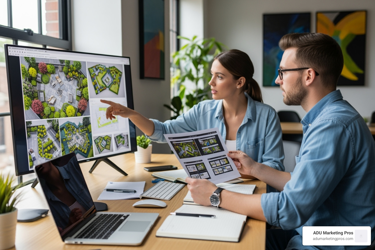 collaborative design meeting between a landscape architect and a web designer, reviewing project visuals and website wireframes - web design for landscape architects