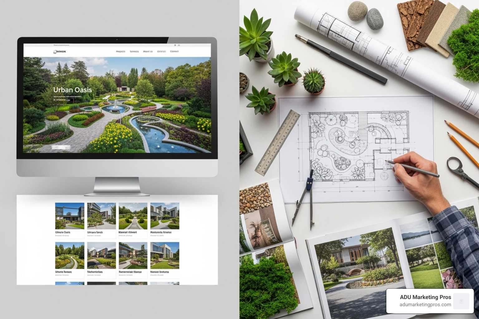 beautifully designed landscape architect website on a desktop monitor, showcasing a clean layout and stunning visuals - web design for landscape architects