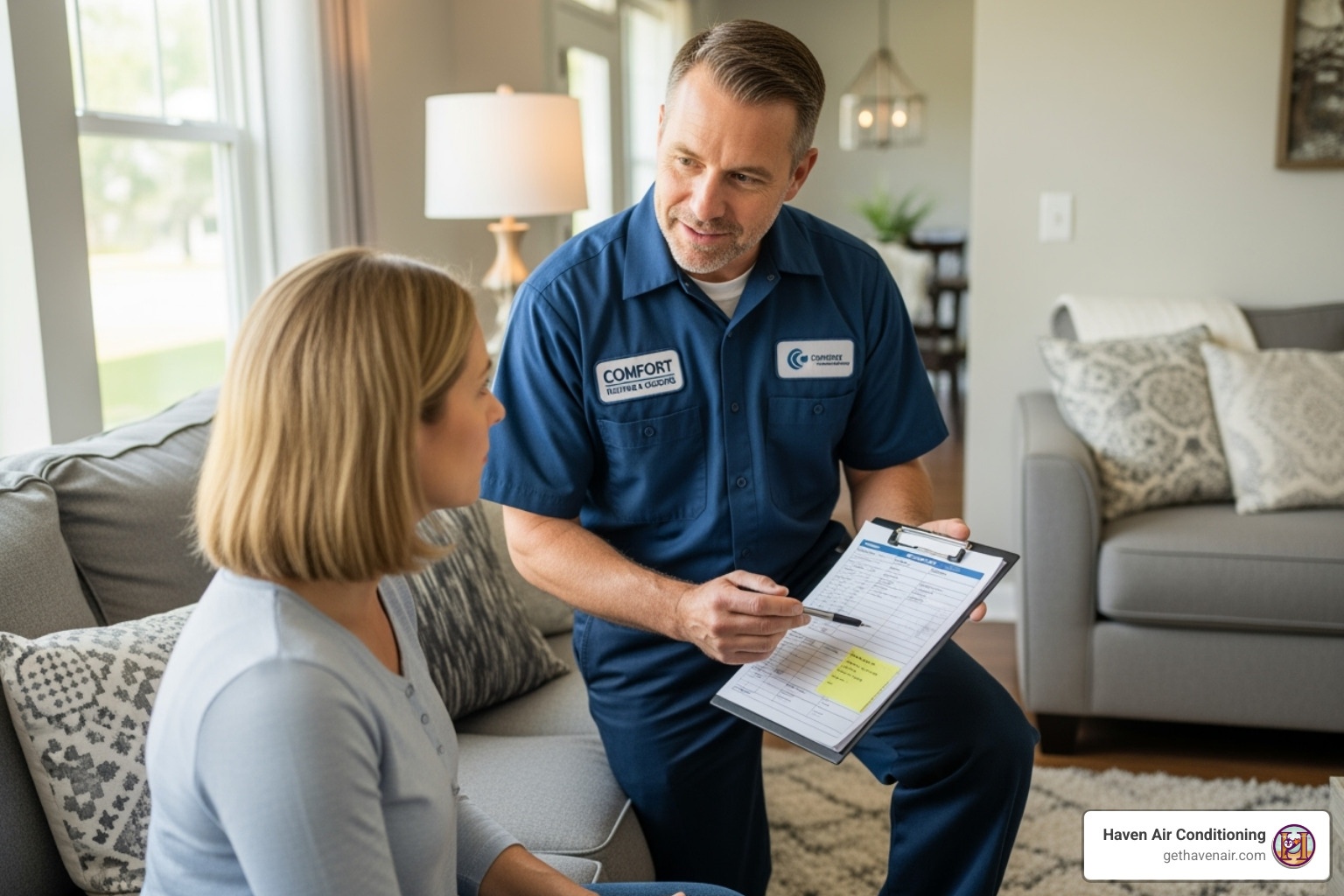 Technician explaining a repair to a homeowner with a clipboard - AC Service, AC Repair, AC Not Cooling, HVAC Service Visit 