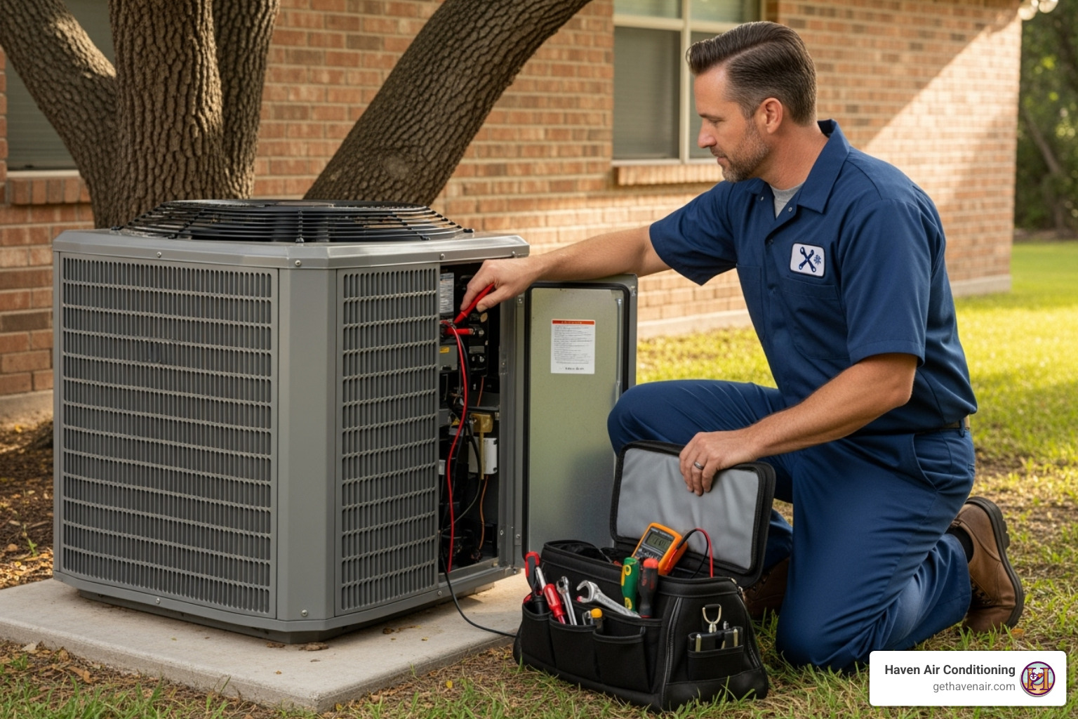 Professional HVAC technician inspecting an outdoor AC unit - AC Service, AC Repair, AC Not Cooling, HVAC Service Visit 