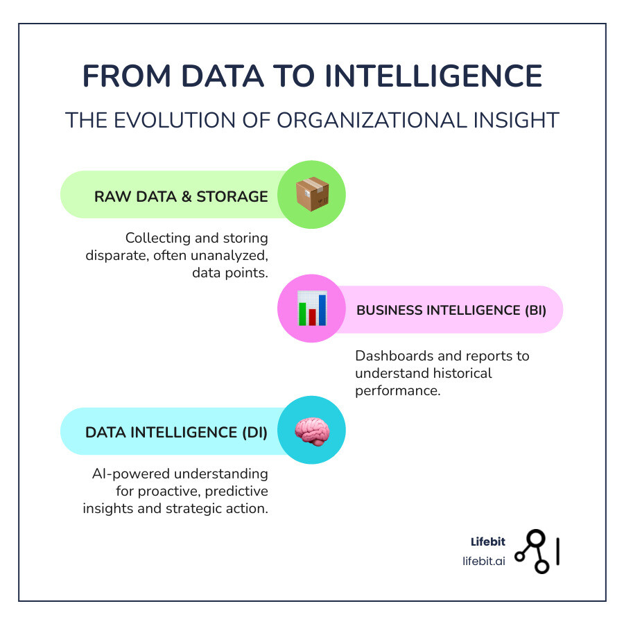 Infographic showing the evolution from basic data collection and storage, through business intelligence dashboards and reporting, to advanced data intelligence with AI-powered insights, predictive analytics, and automated decision-making capabilities - data inteligence infographic infographic-line-3-steps-colors