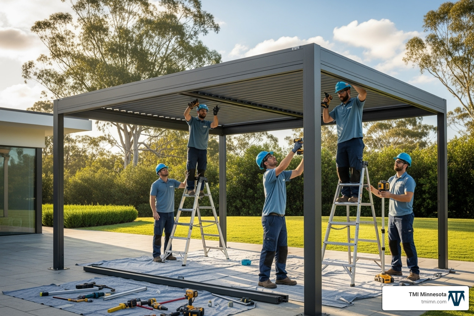 professional team installing a large aluminum pergola - how much does a pergola cost
