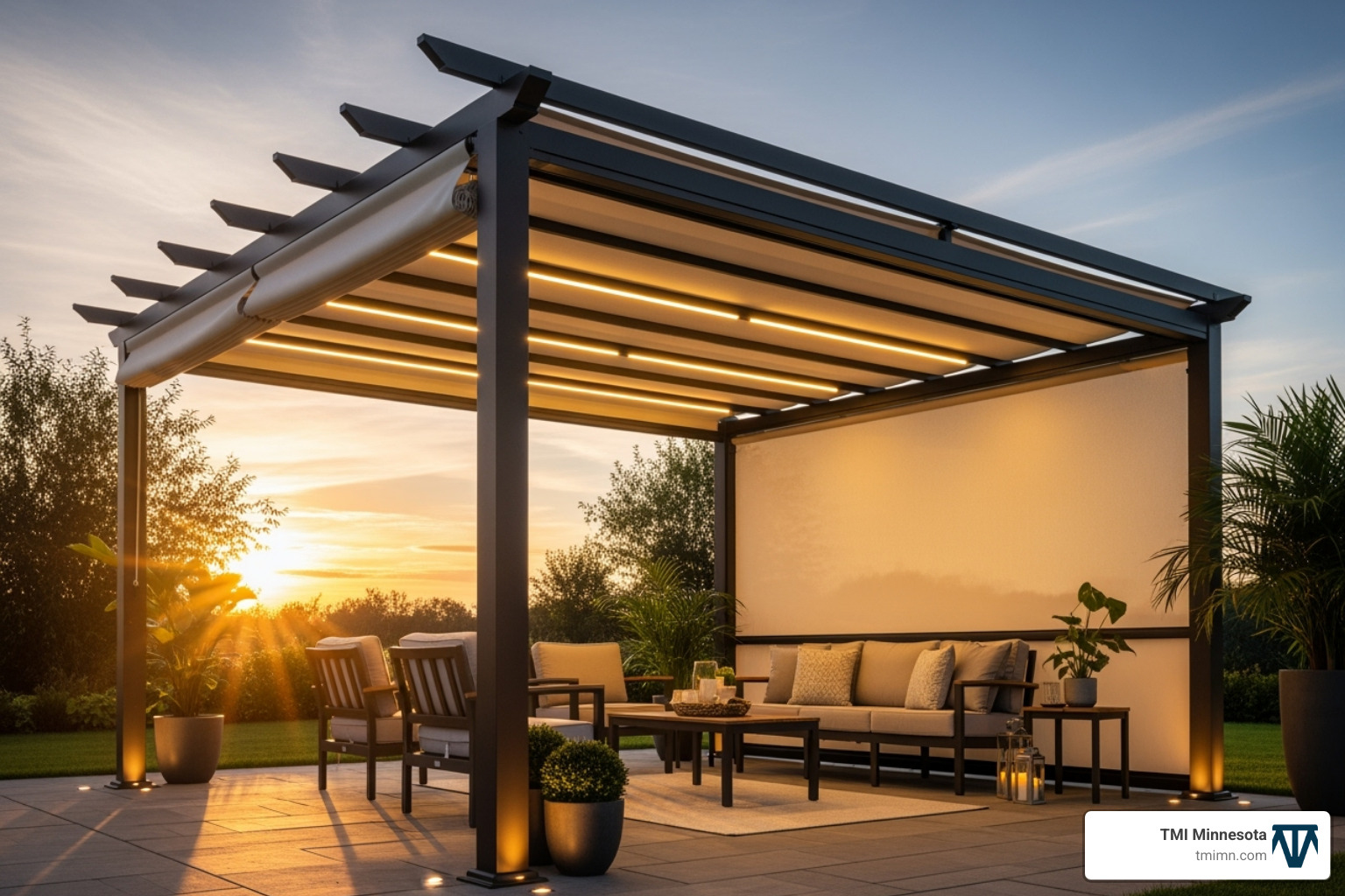 pergola with integrated lighting and a retractable canopy - how much does a pergola cost