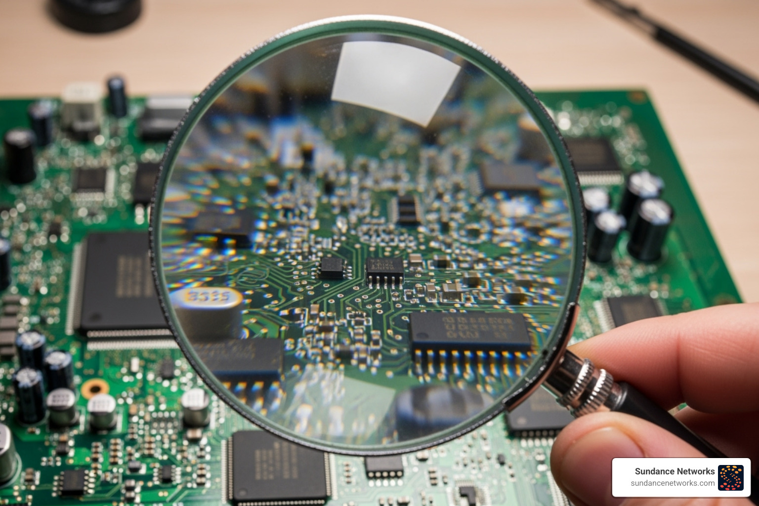 magnifying glass over circuit board - Future proof technology magnifying glass over circuit board - Future proof technology