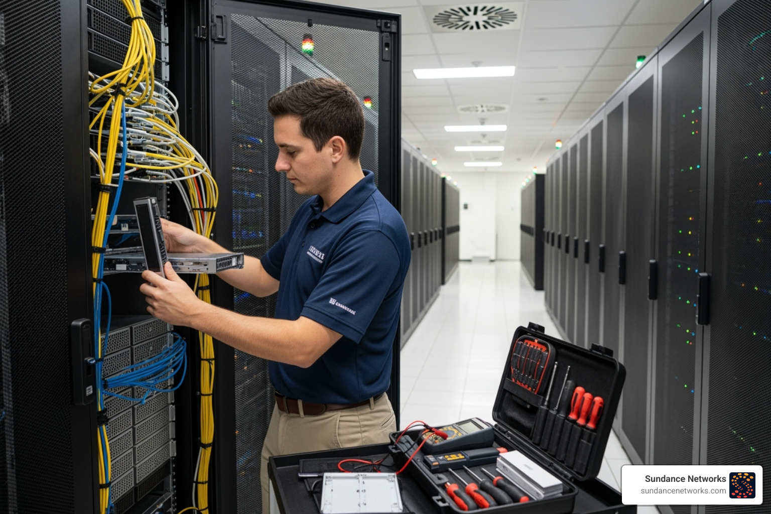 A technician performing maintenance on a server rack - it asset management lifecycle