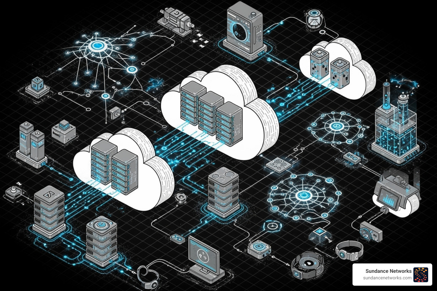 diagram showing a modern, distributed tech stack with cloud, AI, and IoT icons - Future proof technology diagram showing a modern, distributed tech stack with cloud, AI, and IoT icons - Future proof technology
