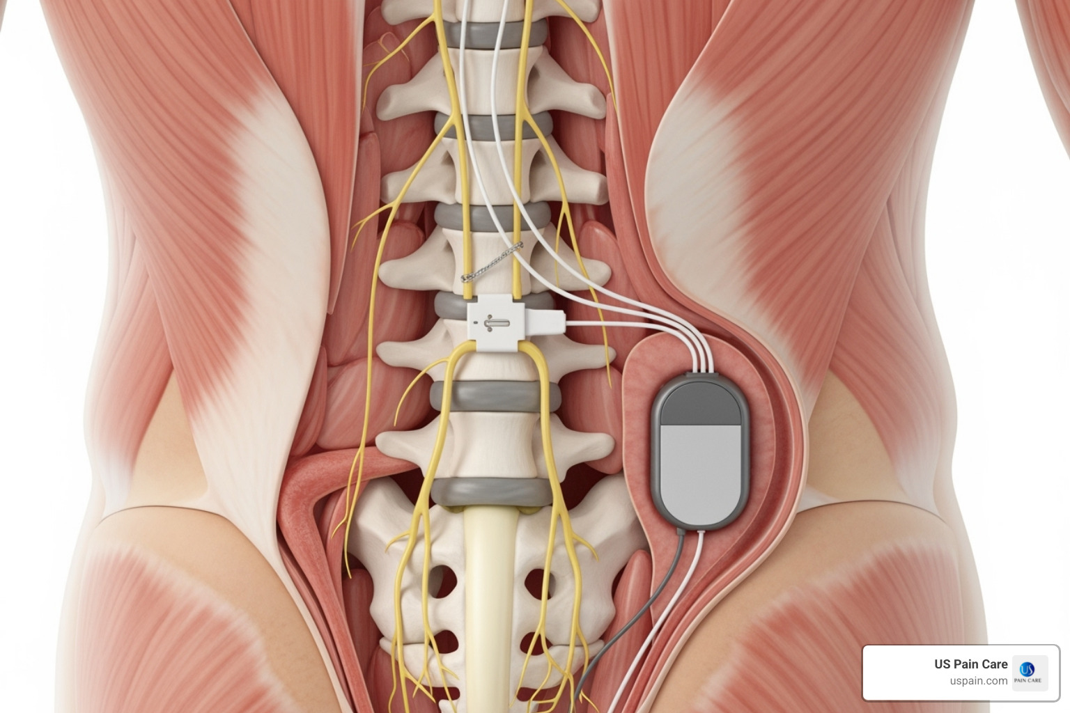 A detailed illustration of a spinal cord stimulator implant, showing the battery pack, leads, and their placement along the spinal cord - advanced interventional pain management A detailed illustration of a spinal cord stimulator implant, showing the battery pack, leads, and their placement along the spinal cord - advanced interventional pain management