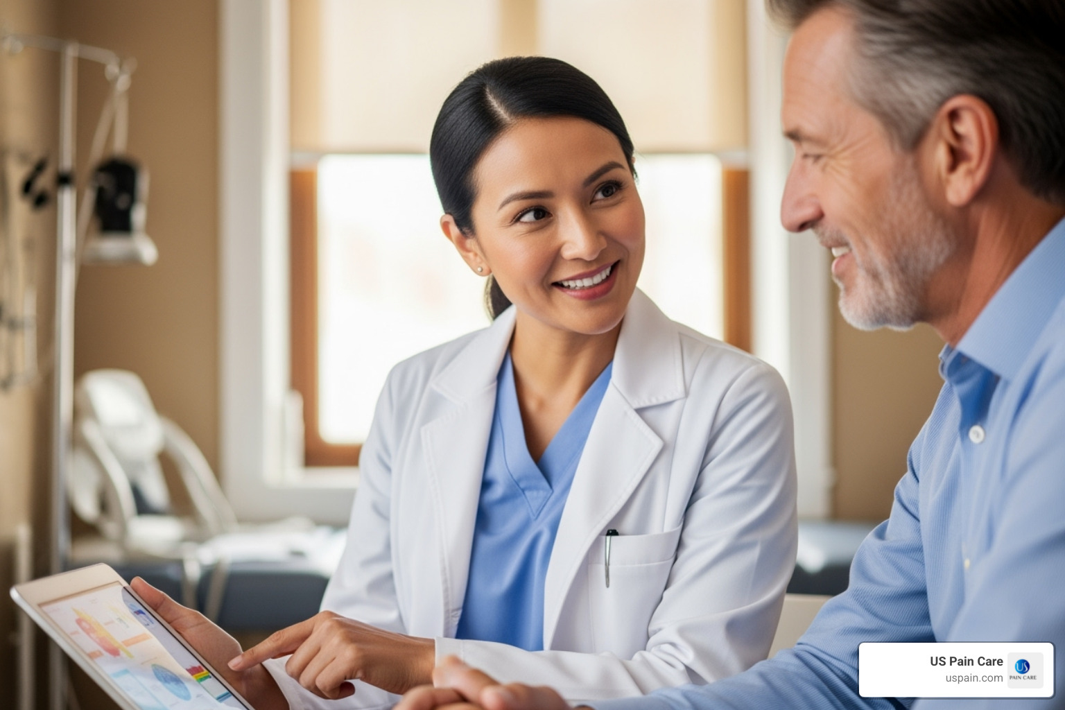 A compassionate doctor in a white coat consulting with a patient, both smiling and looking at a tablet, conveying trust and understanding - advanced interventional pain management A compassionate doctor in a white coat consulting with a patient, both smiling and looking at a tablet, conveying trust and understanding - advanced interventional pain management
