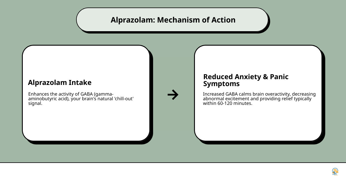 Infographic showing alprazolam's mechanism of action: enhancing GABA neurotransmitter activity in the brain to reduce anxiety symptoms, with visual representation of brain chemistry changes and typical onset time of 60-120 minutes - alprazolam tablets online order infographic cause_effect_text