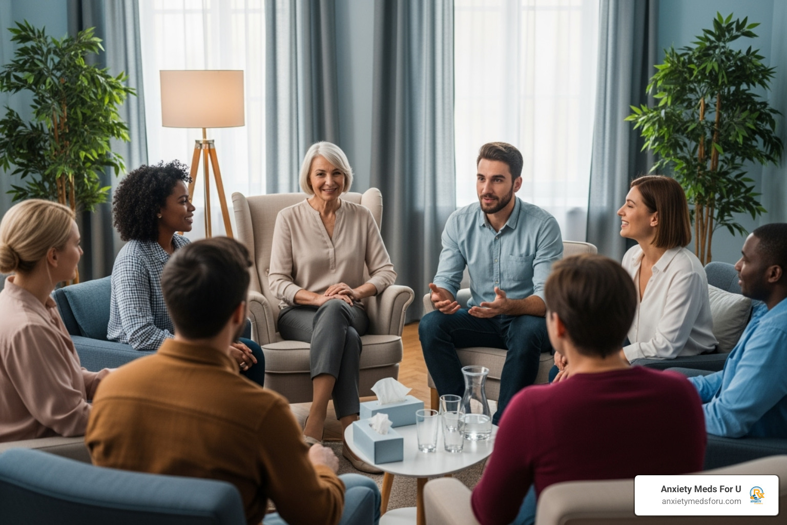 Image of a supportive group therapy session or a person talking to a counselor - buy xanax online without prescription